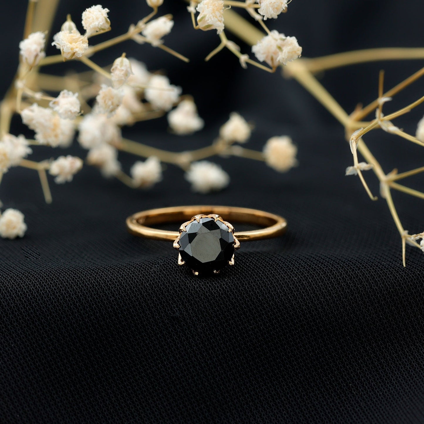 Lotus Basket Set Solitaire Black Onyx Engagement Ring for Women