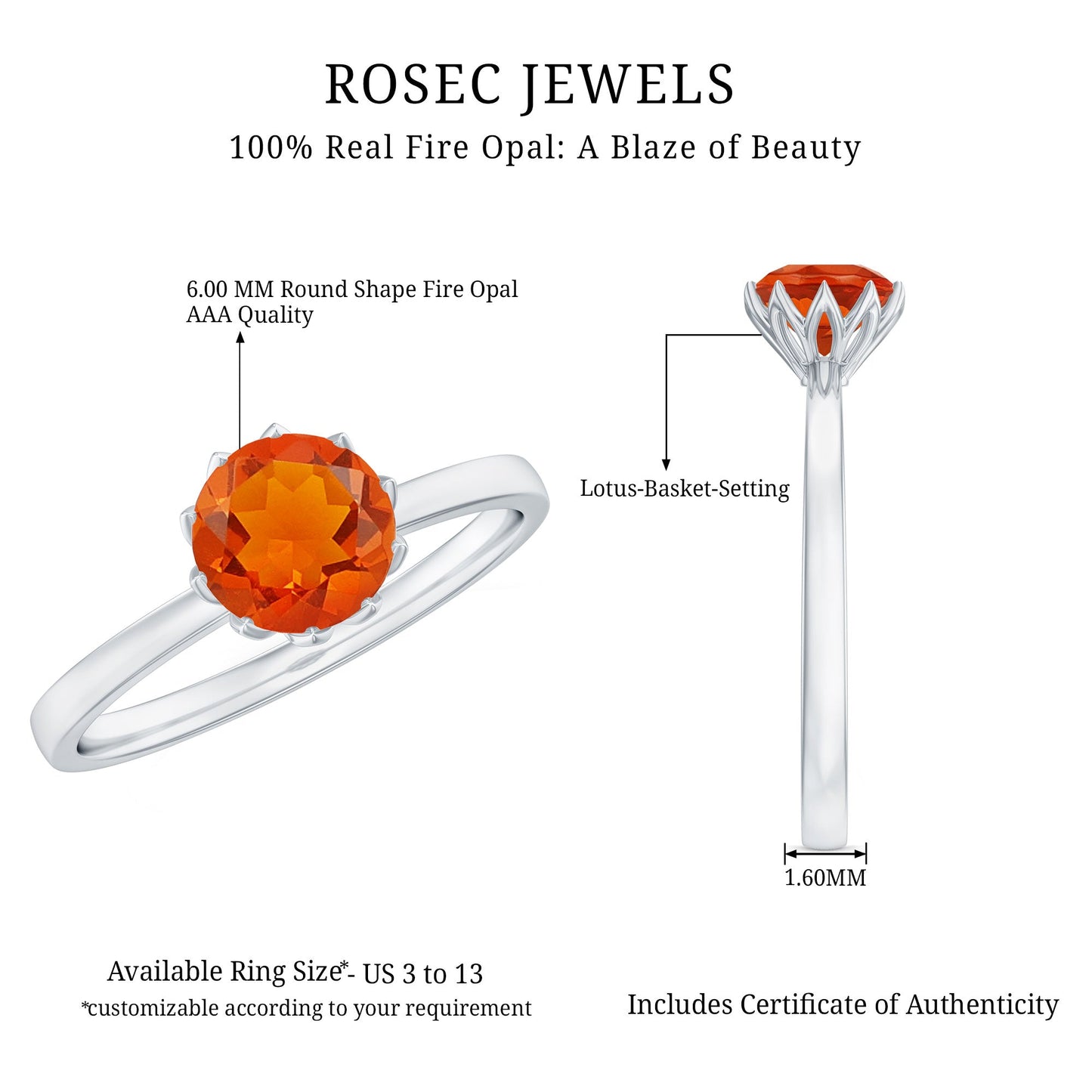 0.75 Carat Round Fire Opal Solitaire Ring in Lotus Basket Setting