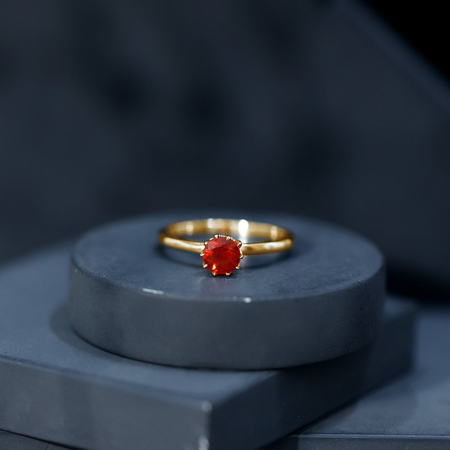 0.75 Carat Round Fire Opal Solitaire Ring in Lotus Basket Setting