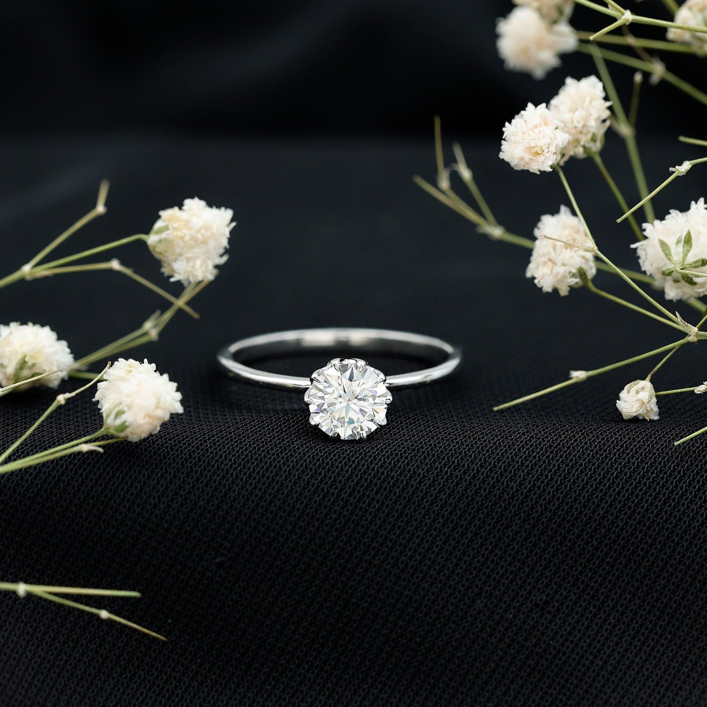 0.9 Carat Moissanite Solitaire Ring in Lotus Basket Setting