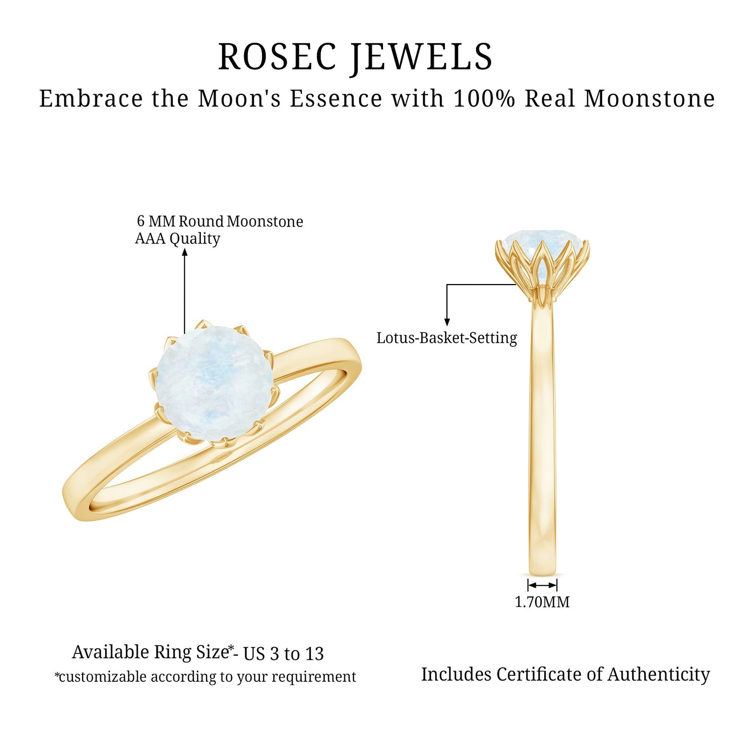 Natural Moonstone Solitaire Ring in Lotus Basket Setting