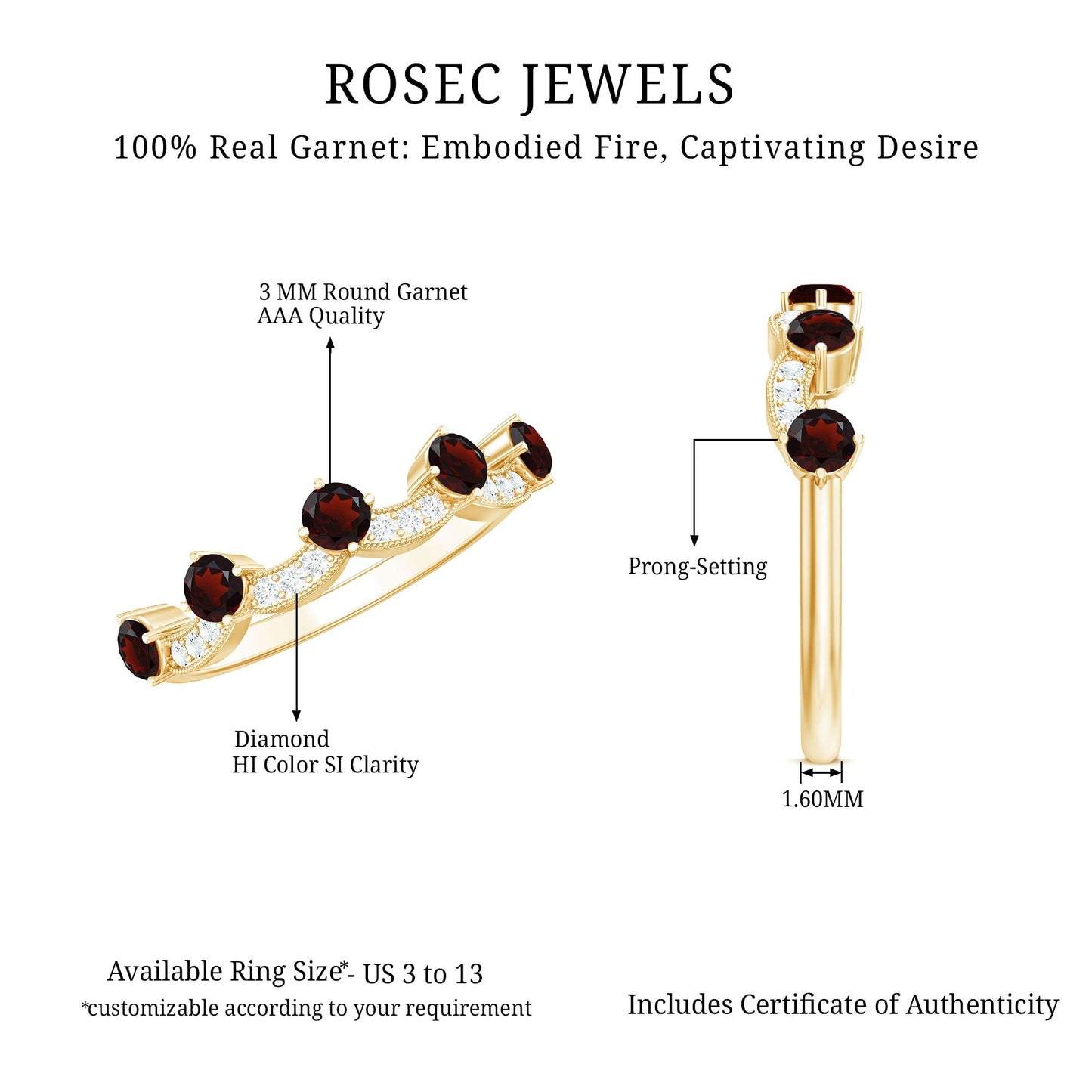 Natural Garnet Diamond Half Eternity Ring for Anniversary