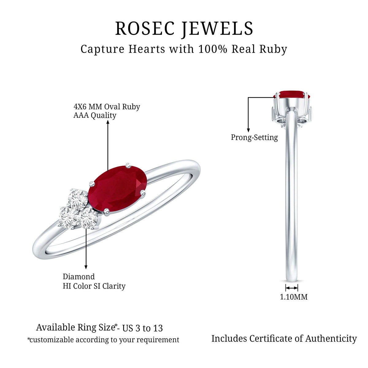 East West Style 0.6 Carat Oval Ruby Promise Ring with Diamond Trio