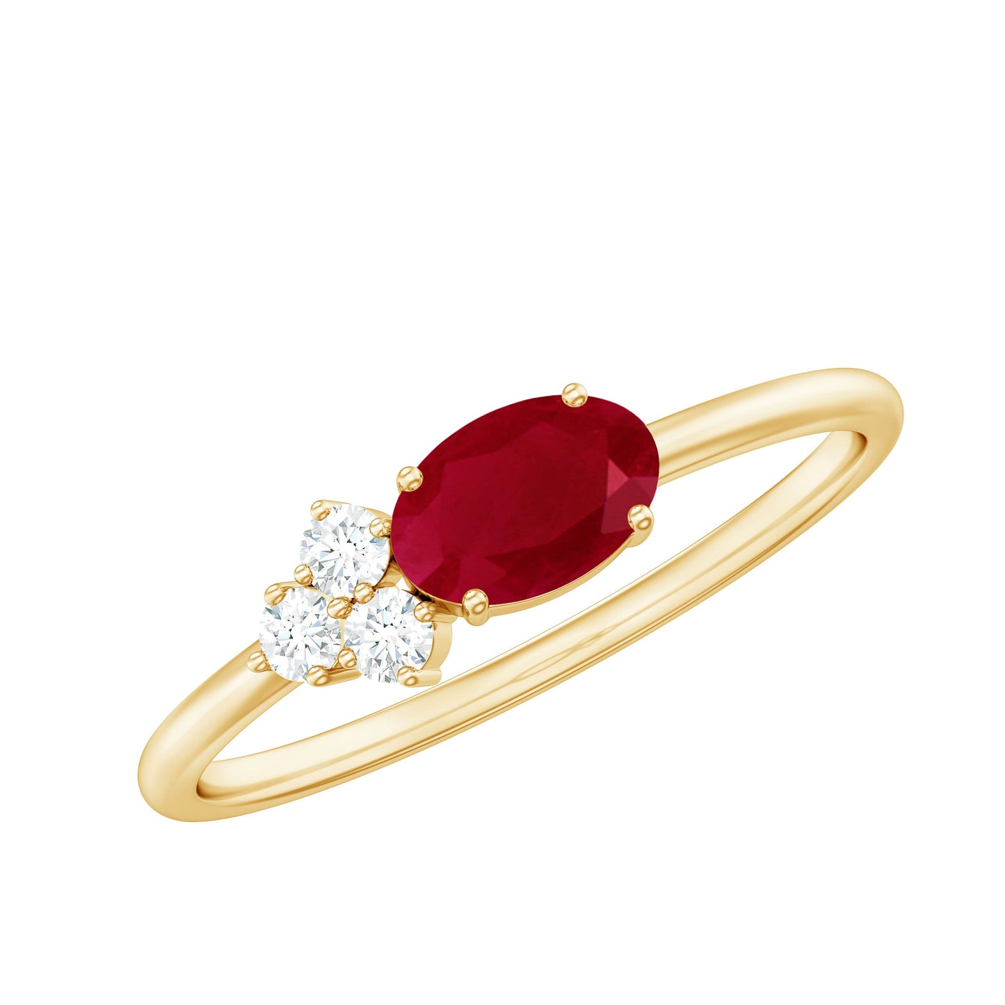 East West Style 0.6 Carat Oval Ruby Promise Ring with Diamond Trio