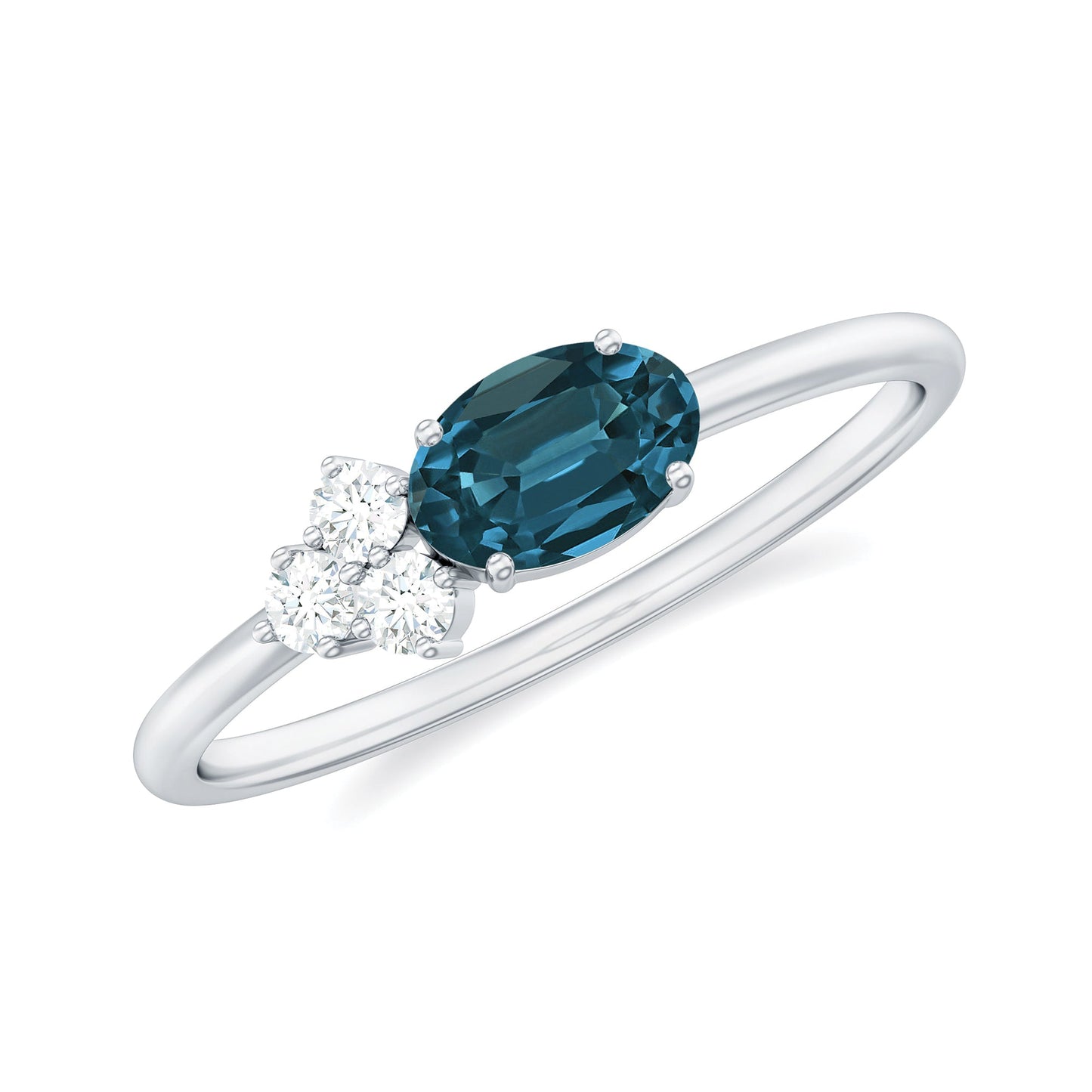 0.4 Carat Oval Cut London Blue Topaz East West Promise Ring with Diamond Trio