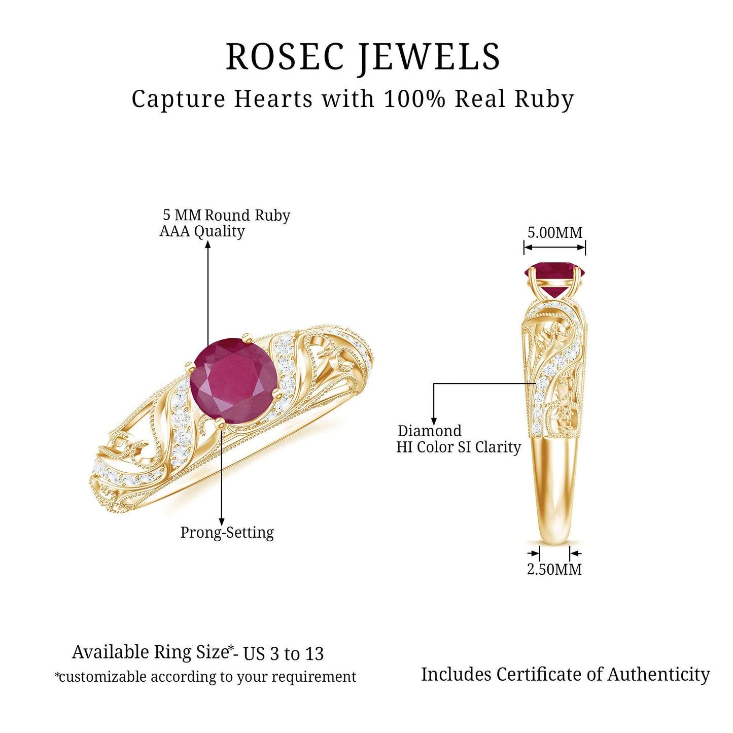 Vintage Style 0.6 Carat Ruby Engagement Ring with Diamond