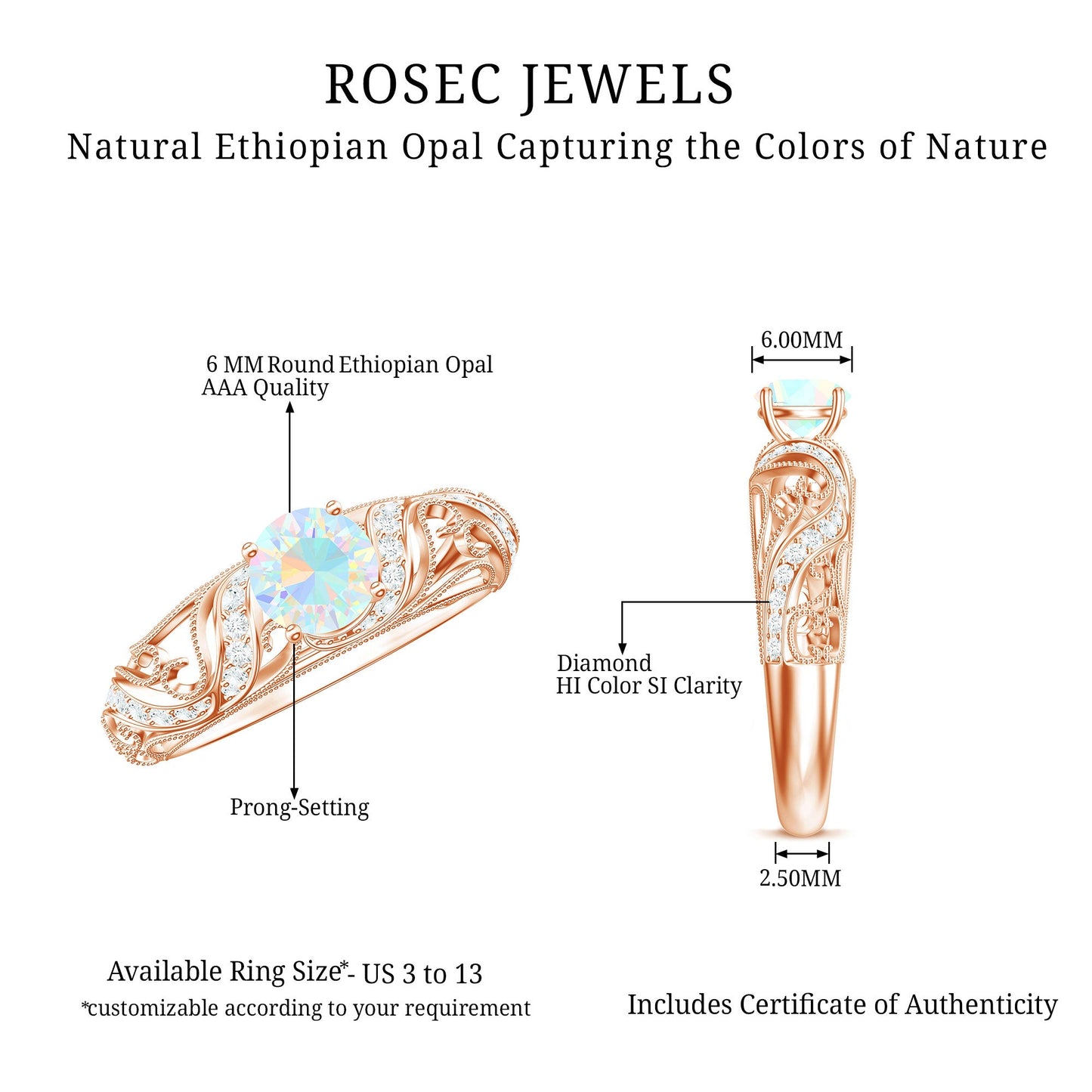 Natural Ethiopian Opal Diamond Vintage Looking Engagement Ring with Certificate