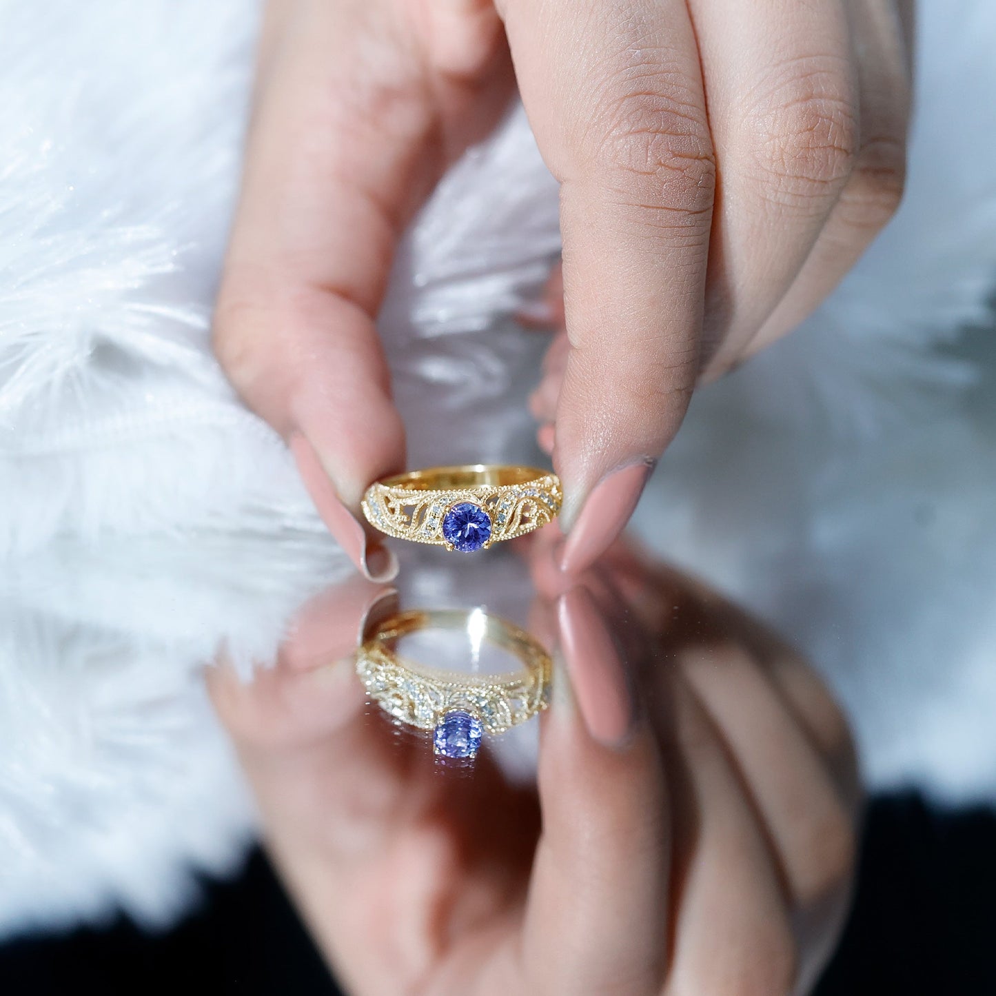 Round Tanzanite Vintage Inspired Engagement Ring with Diamond