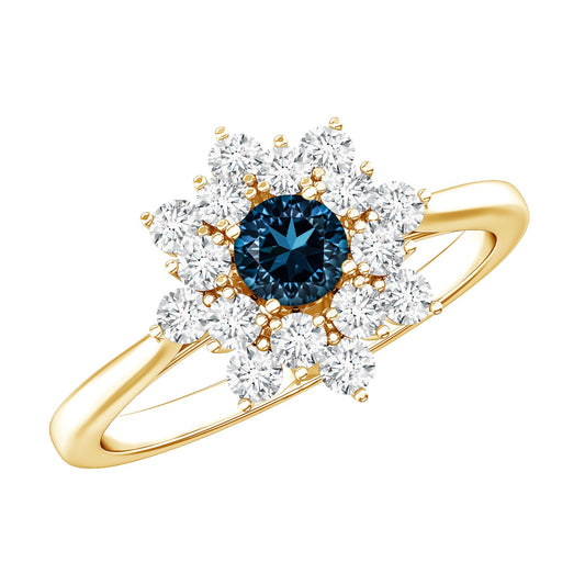Genuine Round Cut London Blue Topaz Flower Engagement Ring with Diamonds