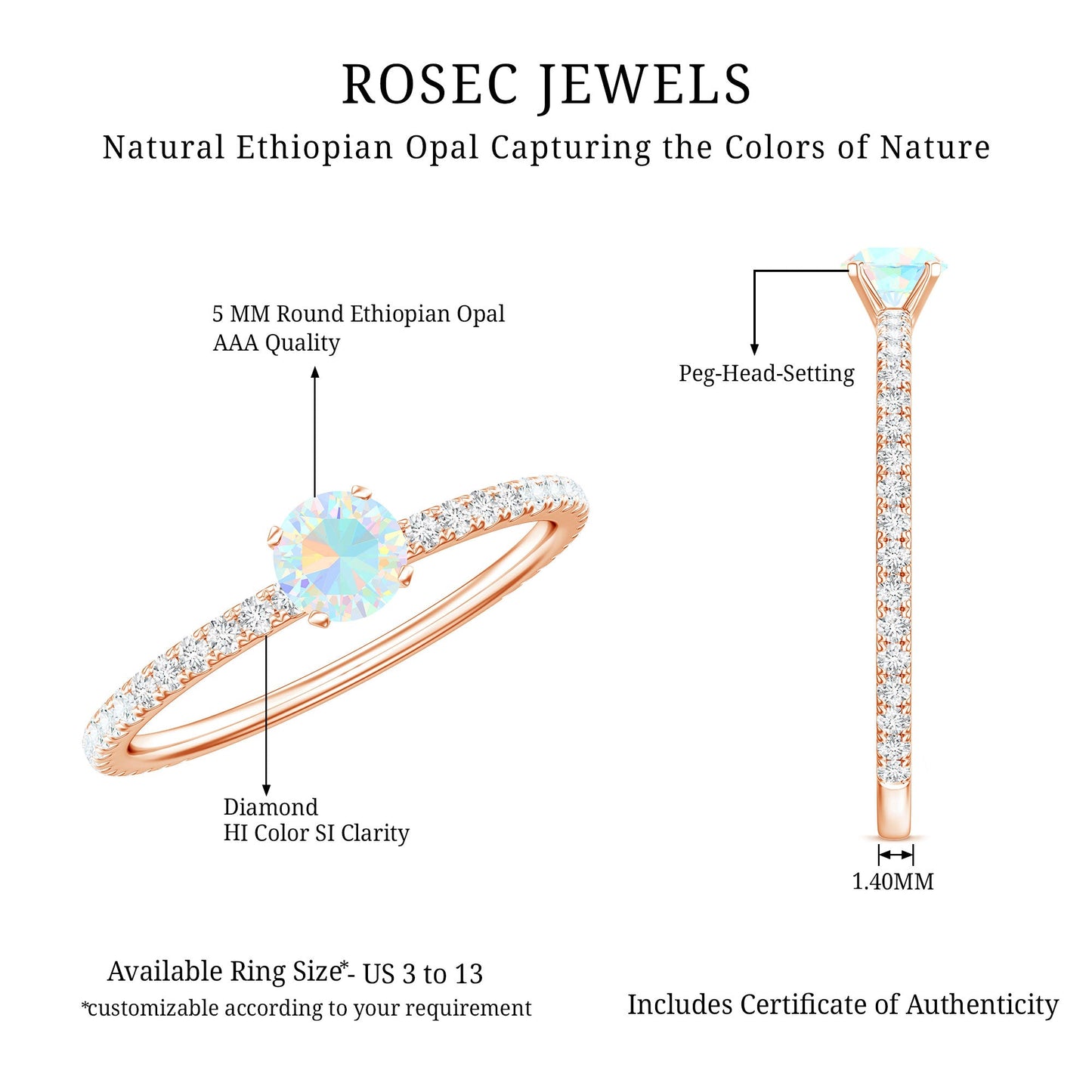 Genuine Ethiopian Opal Promise Ring with Diamond Side Stones