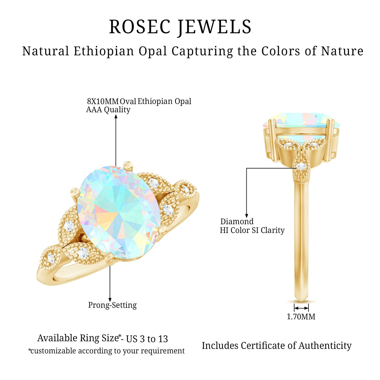 1.3 Carat Vintage Style Ethiopian Opal Oblong Engagement Ring with Diamond