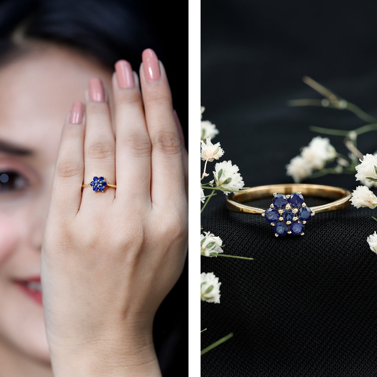 Certified Round Shape Blue Sapphire Cluster Flower Ring