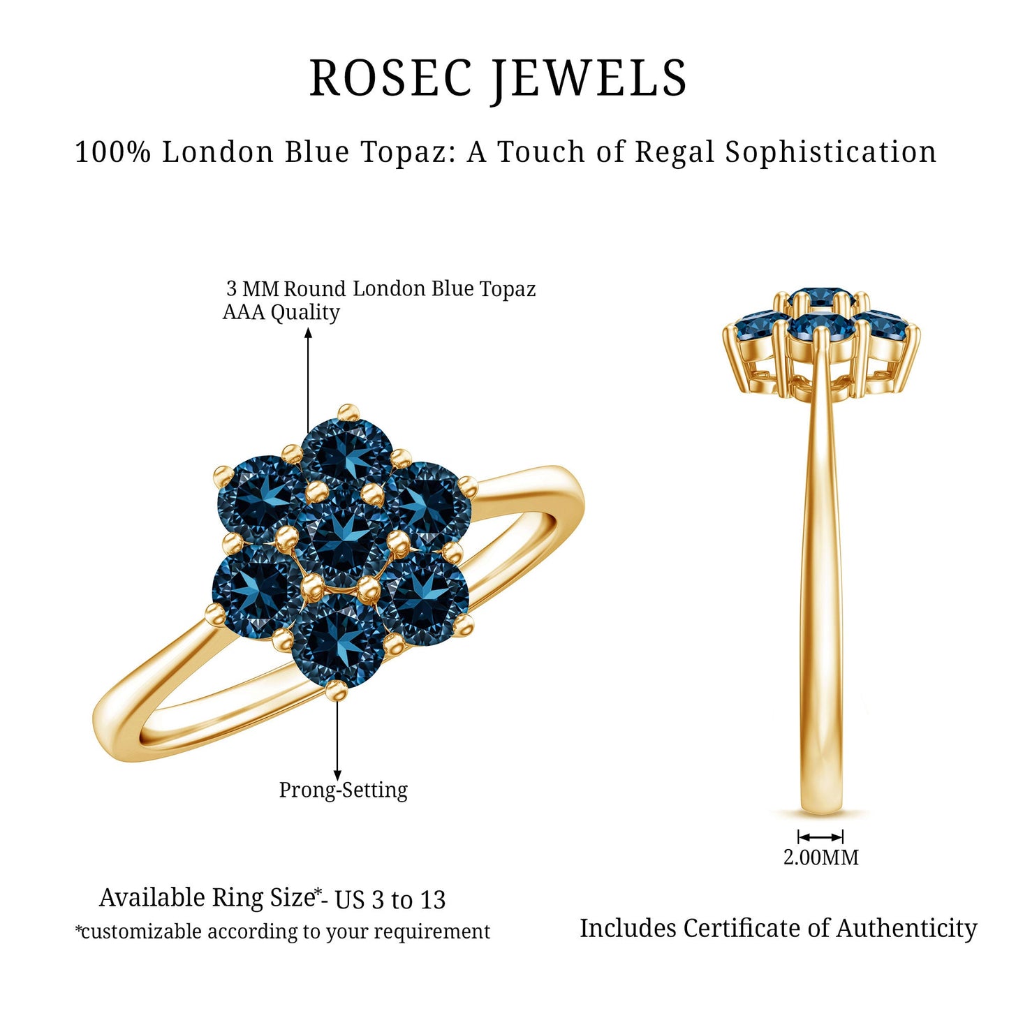 Genuine London Blue Topaz Flower Engagement Ring With Certificate