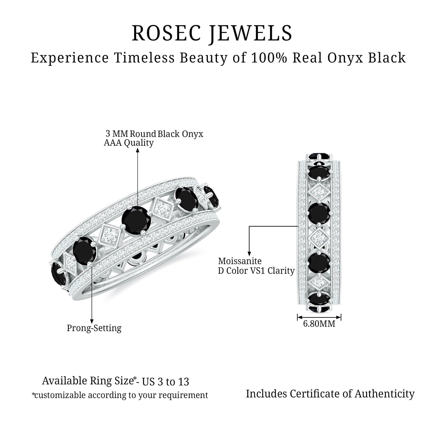 Antique Looking Black Onyx and Moissanite Wide Wedding Band