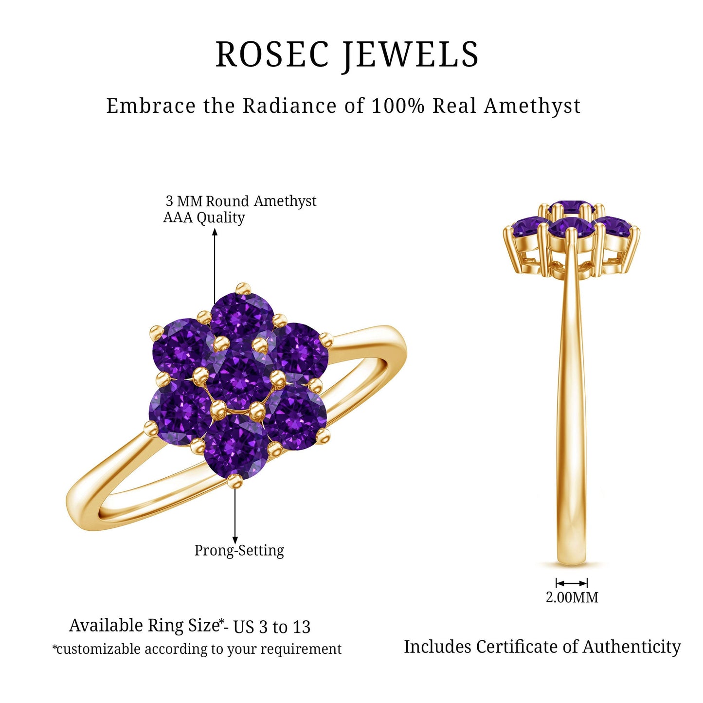 Round Shape Amethyst Cluster Flower Ring for Women