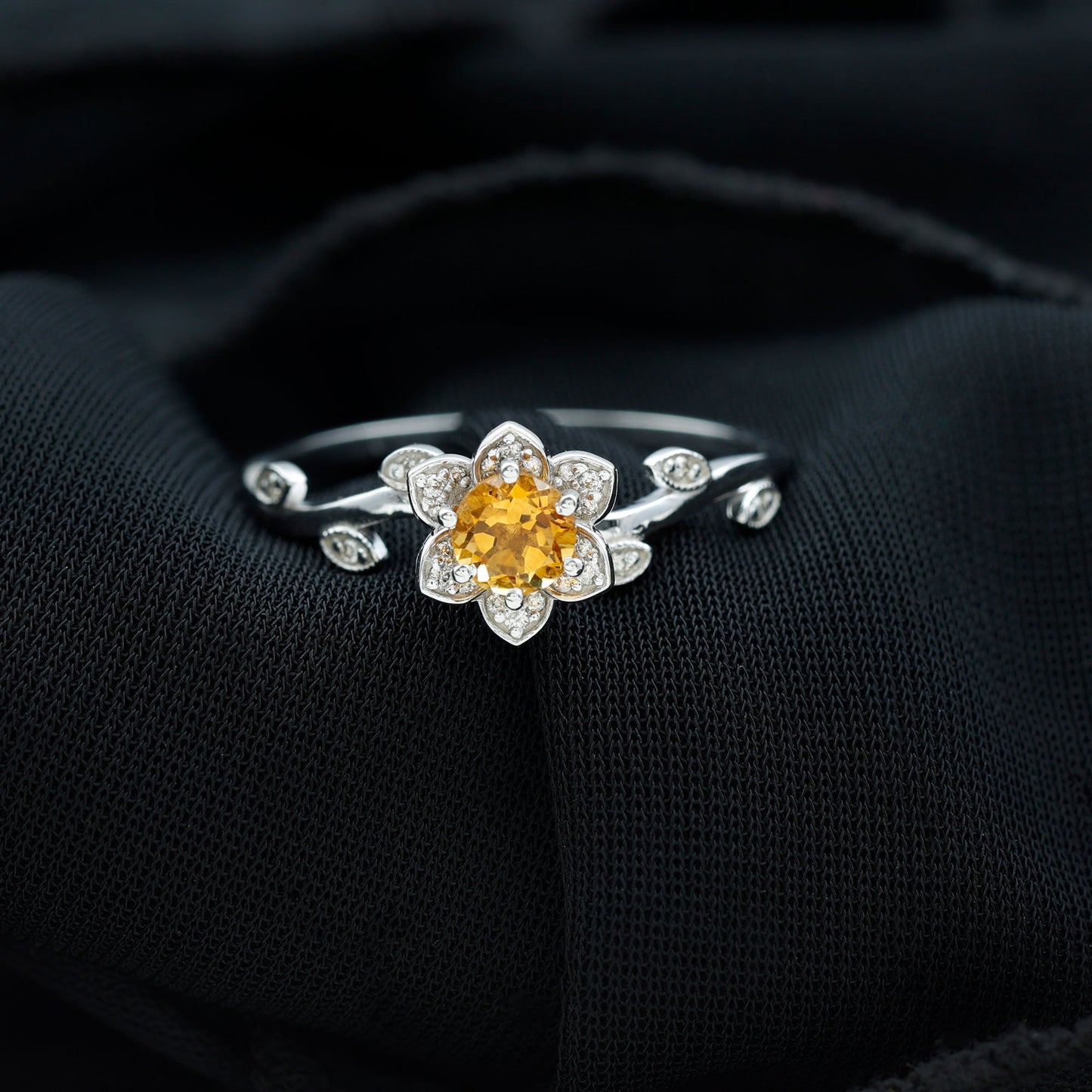 Natural Citrine Flower Engagement Ring with Diamond