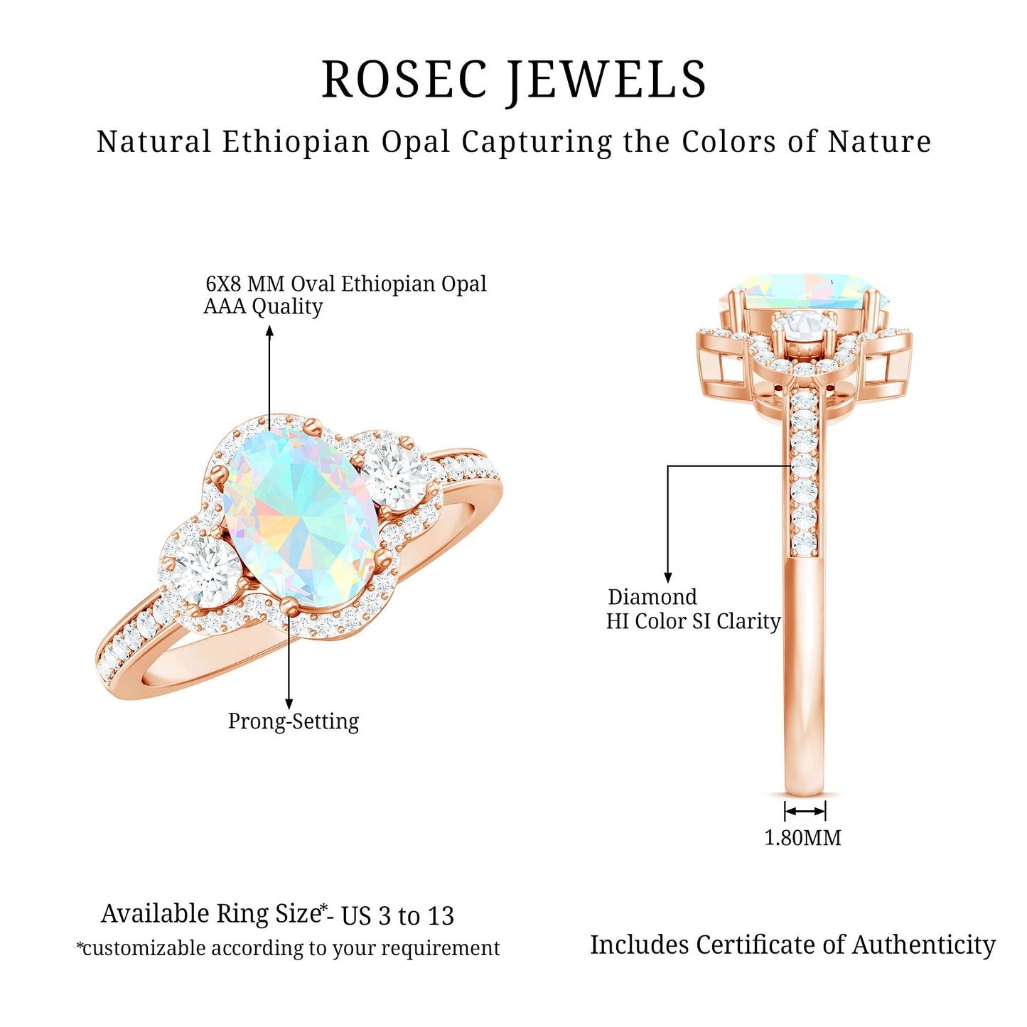 Vintage Inspired Opalescent Oval Engagement Ring with Real Diamond