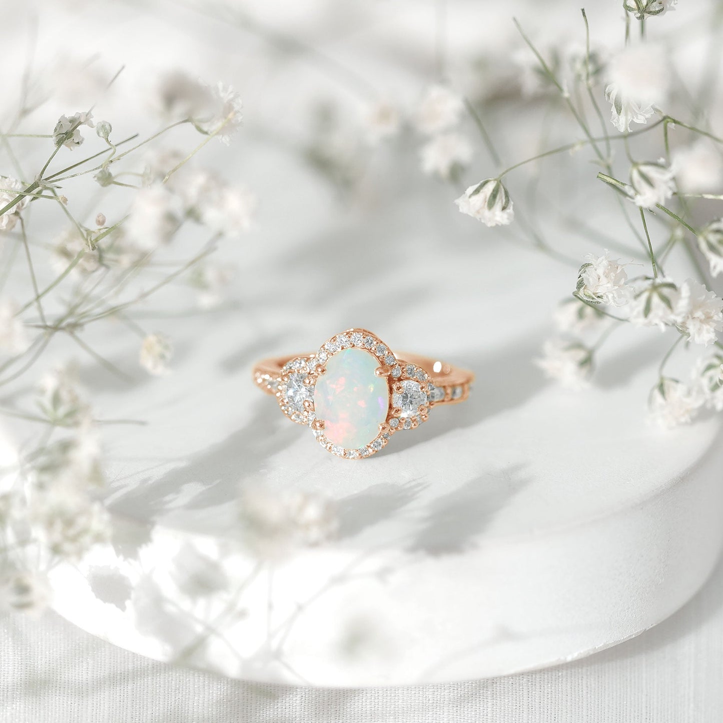 Vintage Inspired Opalescent Oval Engagement Ring with Real Diamond