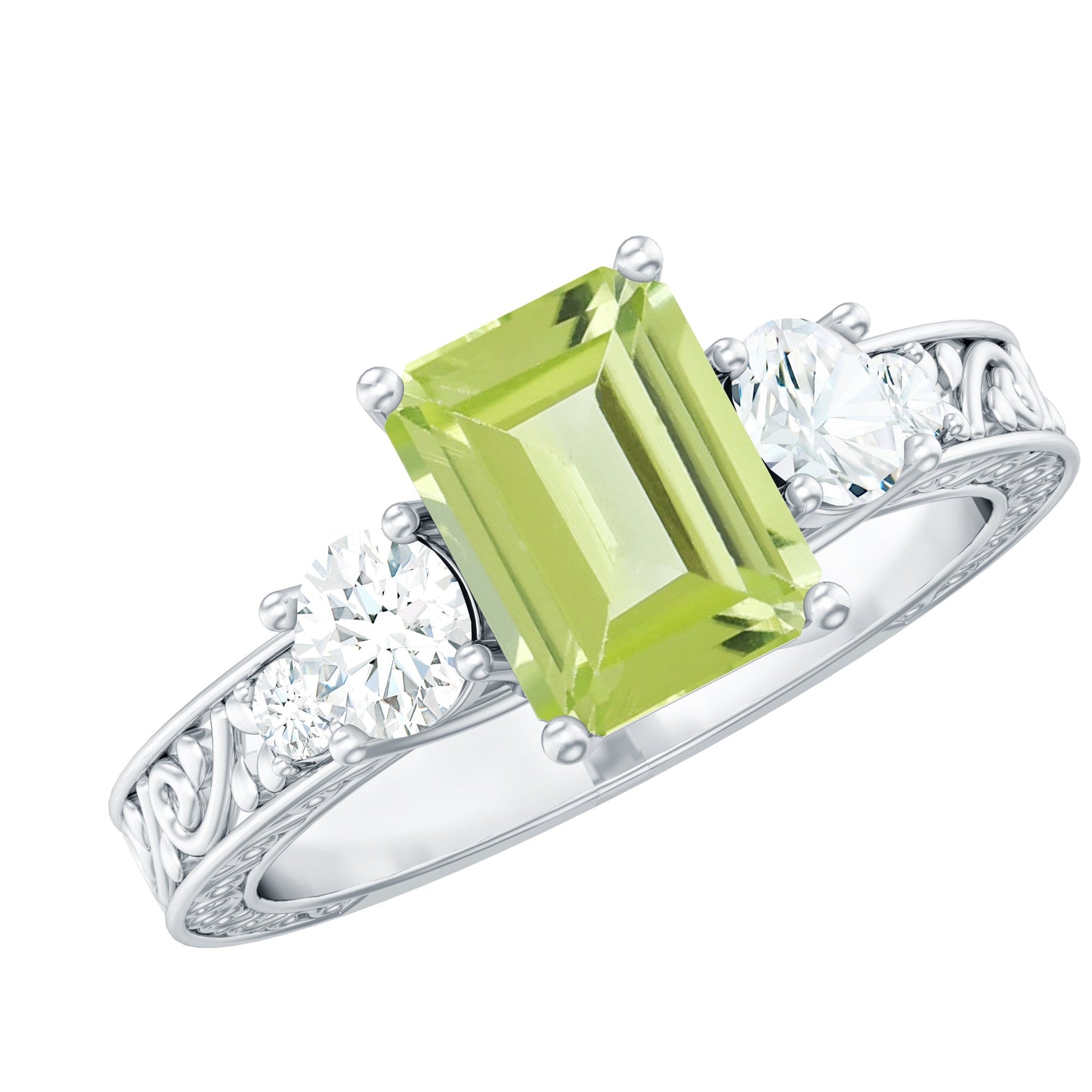 Vintage Style 1.8 Carat Peridot Emerald Cut Engagement Ring with Moissanite