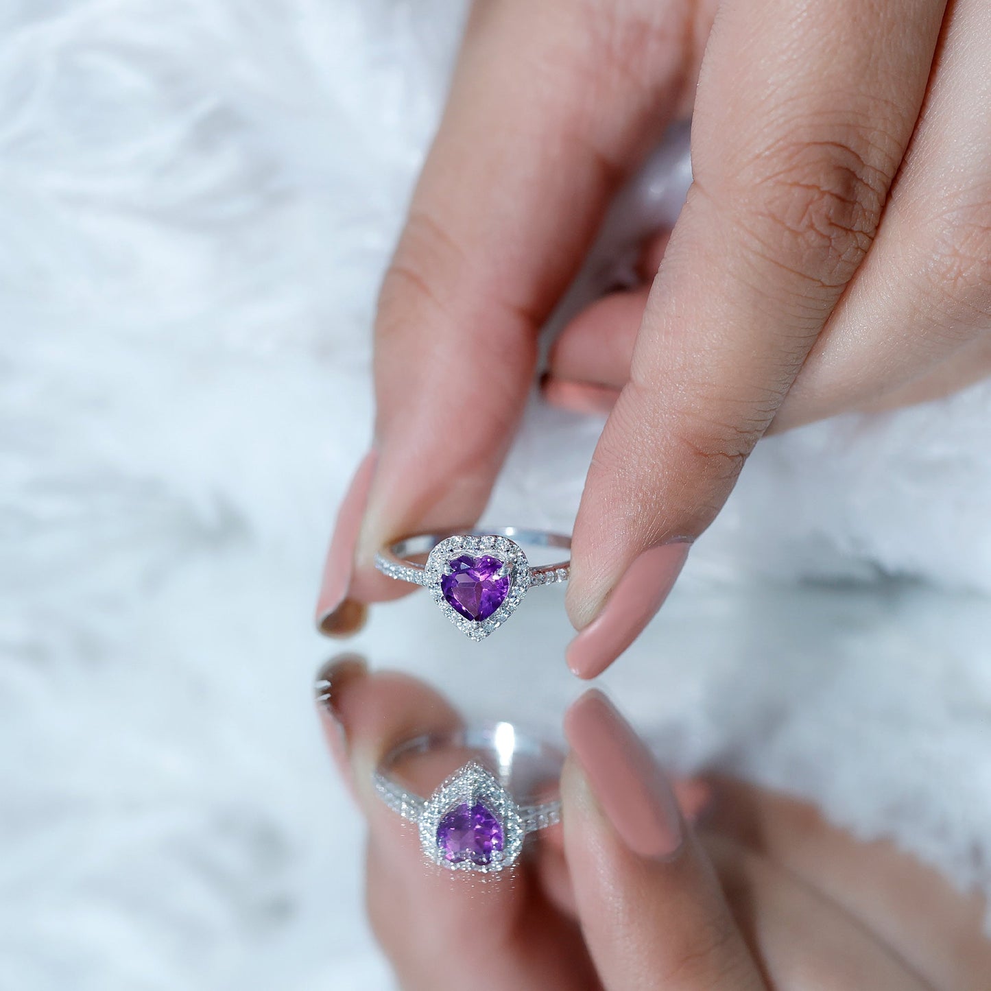 Natural 0.9 Carat Amethyst Heart Engagement Ring with Diamond Halo