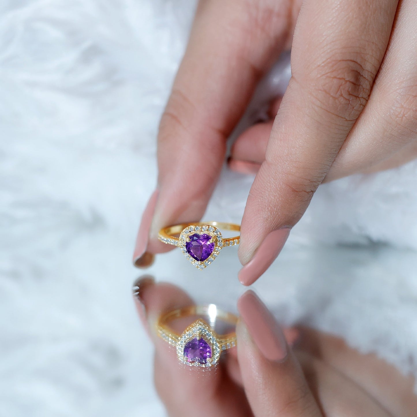 Natural 0.9 Carat Amethyst Heart Engagement Ring with Diamond Halo