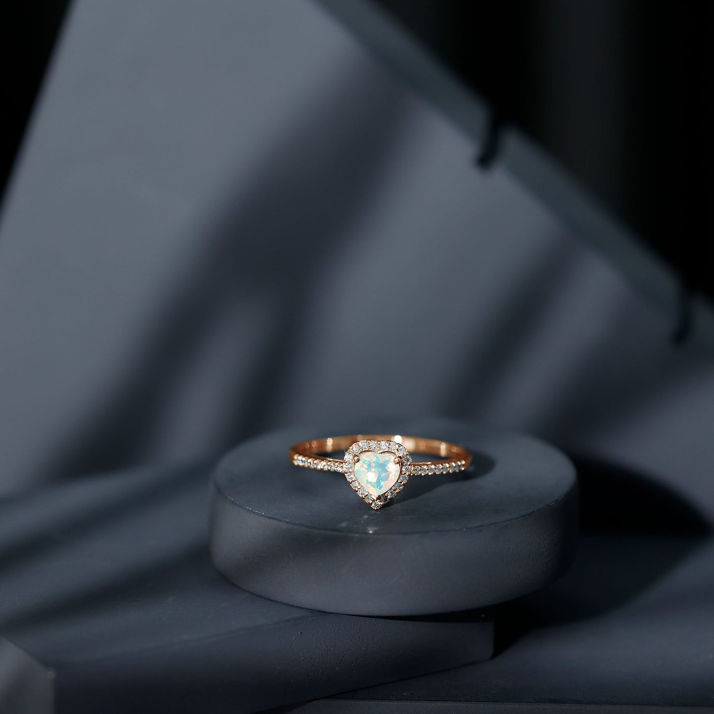 Natural Ethiopian Opal Heart Shaped Engagement Ring with Diamond Halo