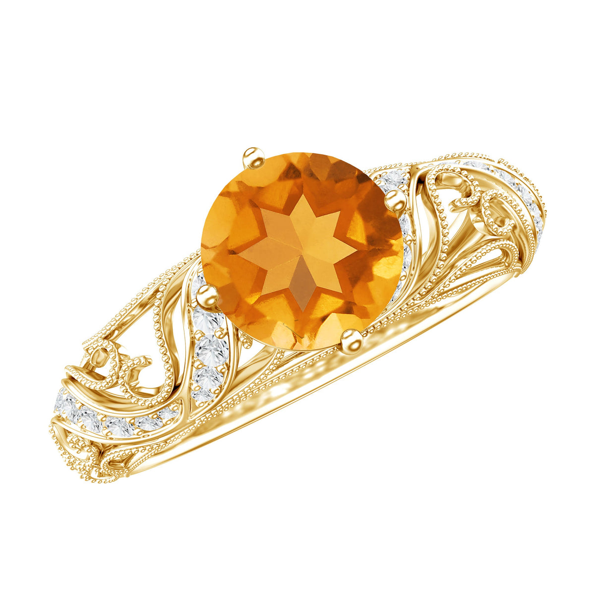 Genuine Citrine Vintage Looking Engagement Ring with Diamond