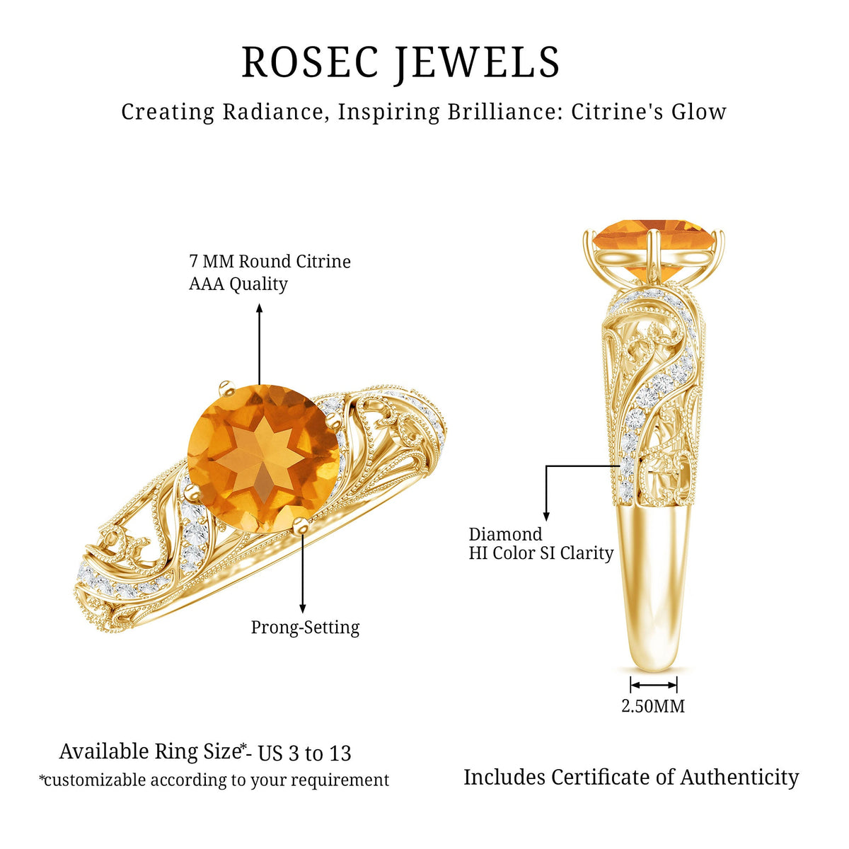 Genuine Citrine Vintage Looking Engagement Ring with Diamond
