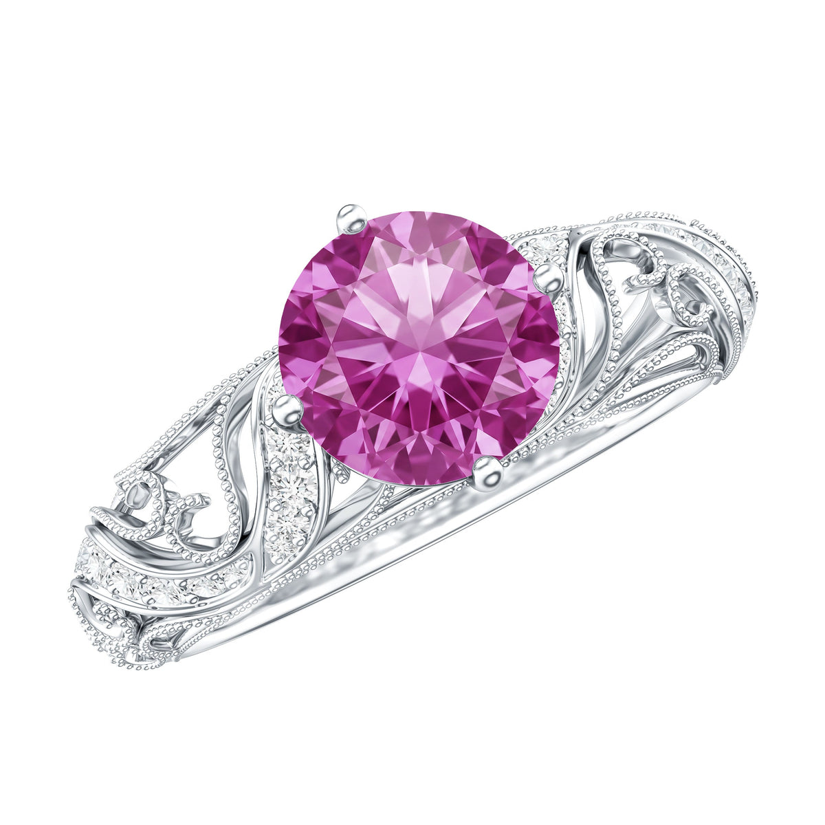 Lab Grown Pink Sapphire Antique Engagement Ring With Diamond
