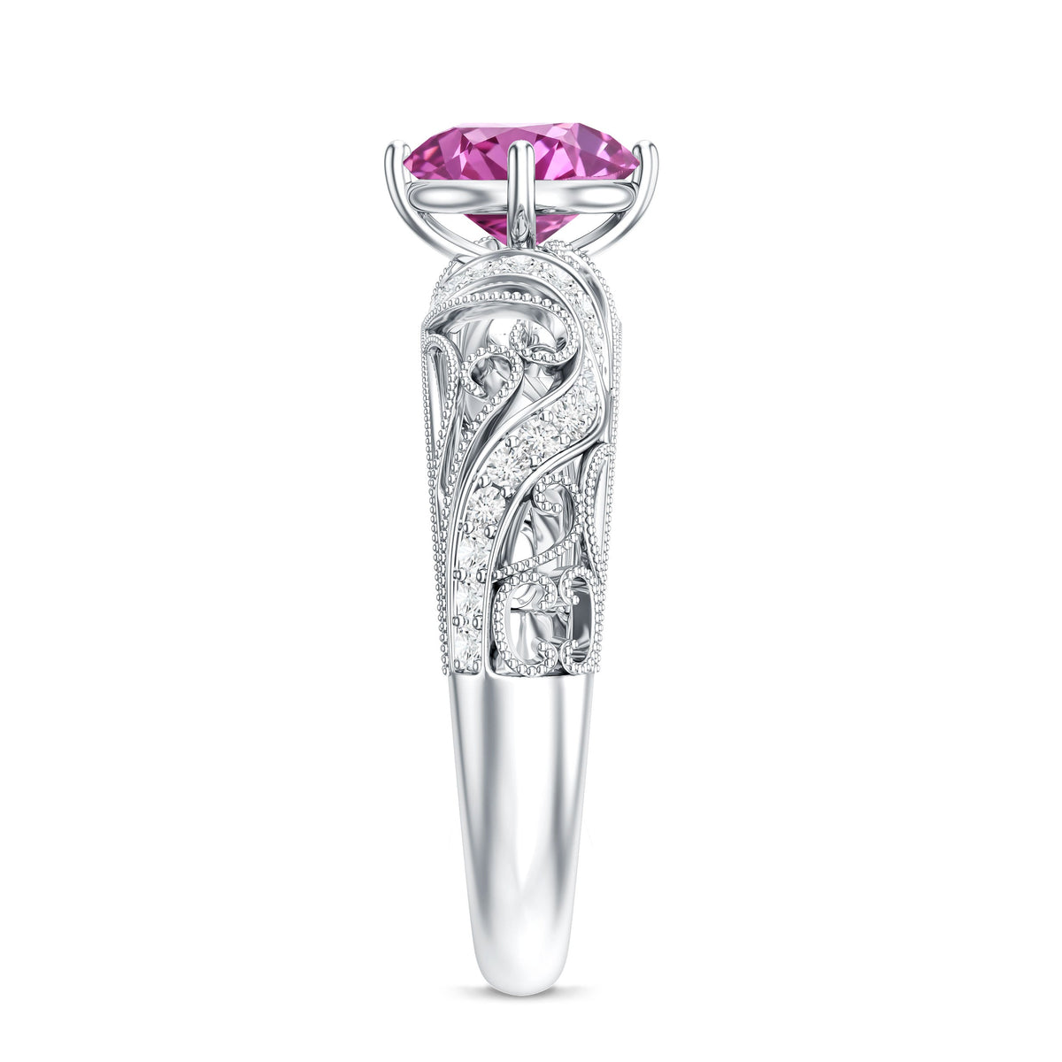 Lab Grown Pink Sapphire Antique Engagement Ring With Diamond