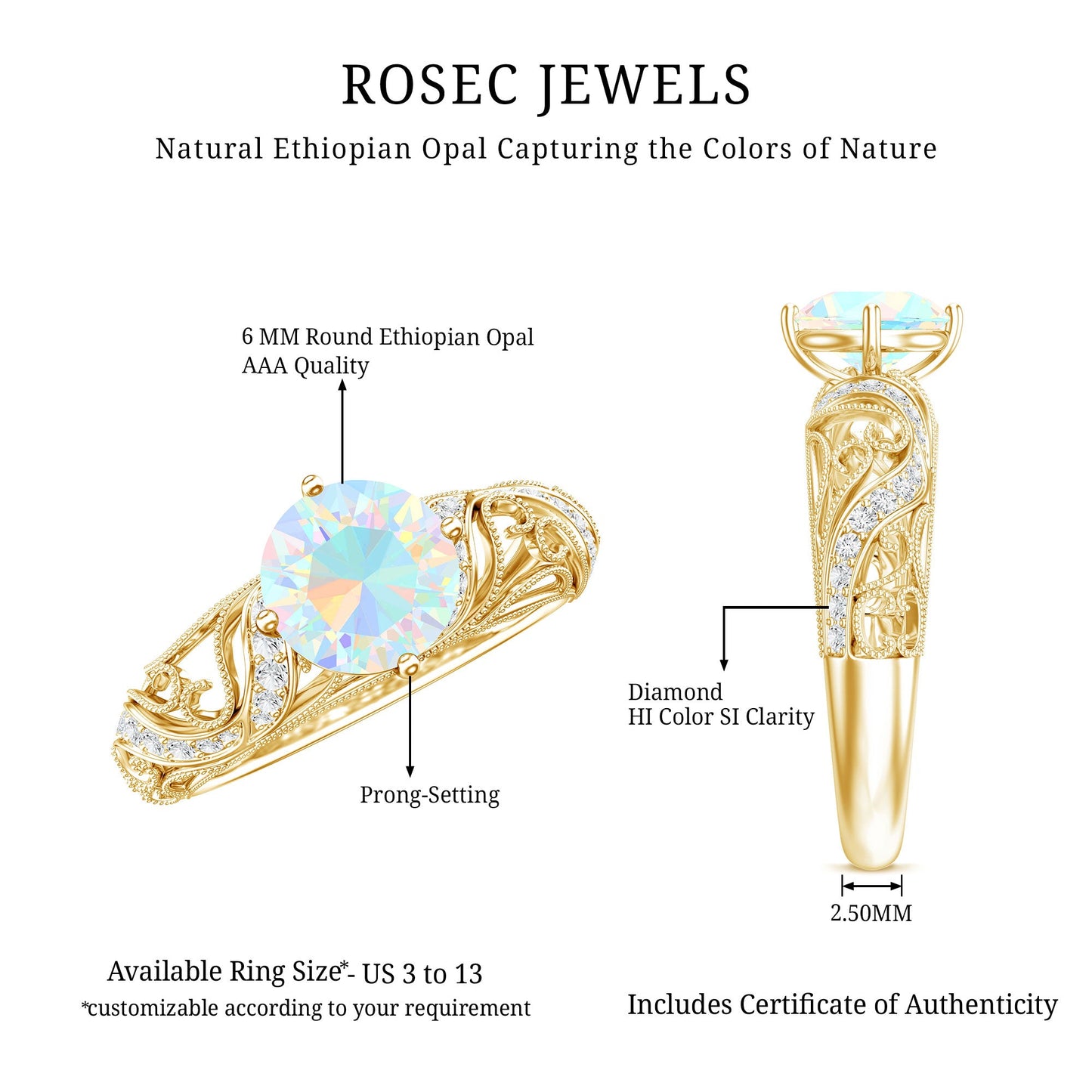 Genuine Ethiopian Rainbow Opal Vintage Inspired Engagement Ring with Diamond