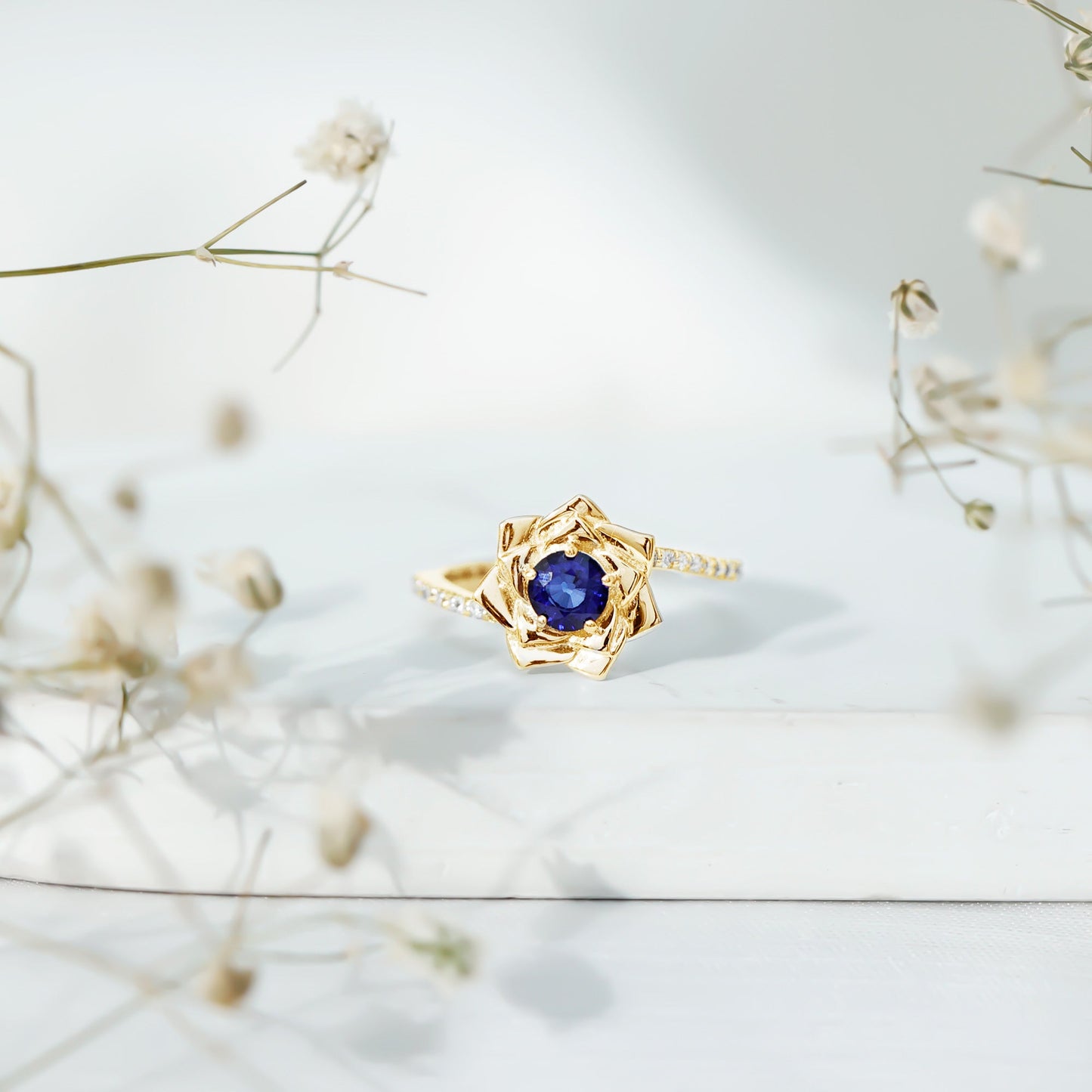 Real 0.9 Carat Blue Sapphire Rose Flower Engagement Ring with Diamond Bypass Shank