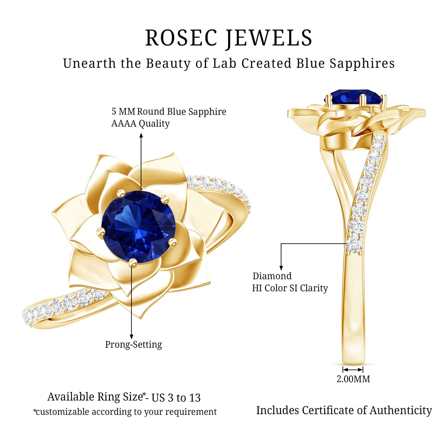 Lab Grown Blue Sapphire and Diamond Flower Bypass Ring