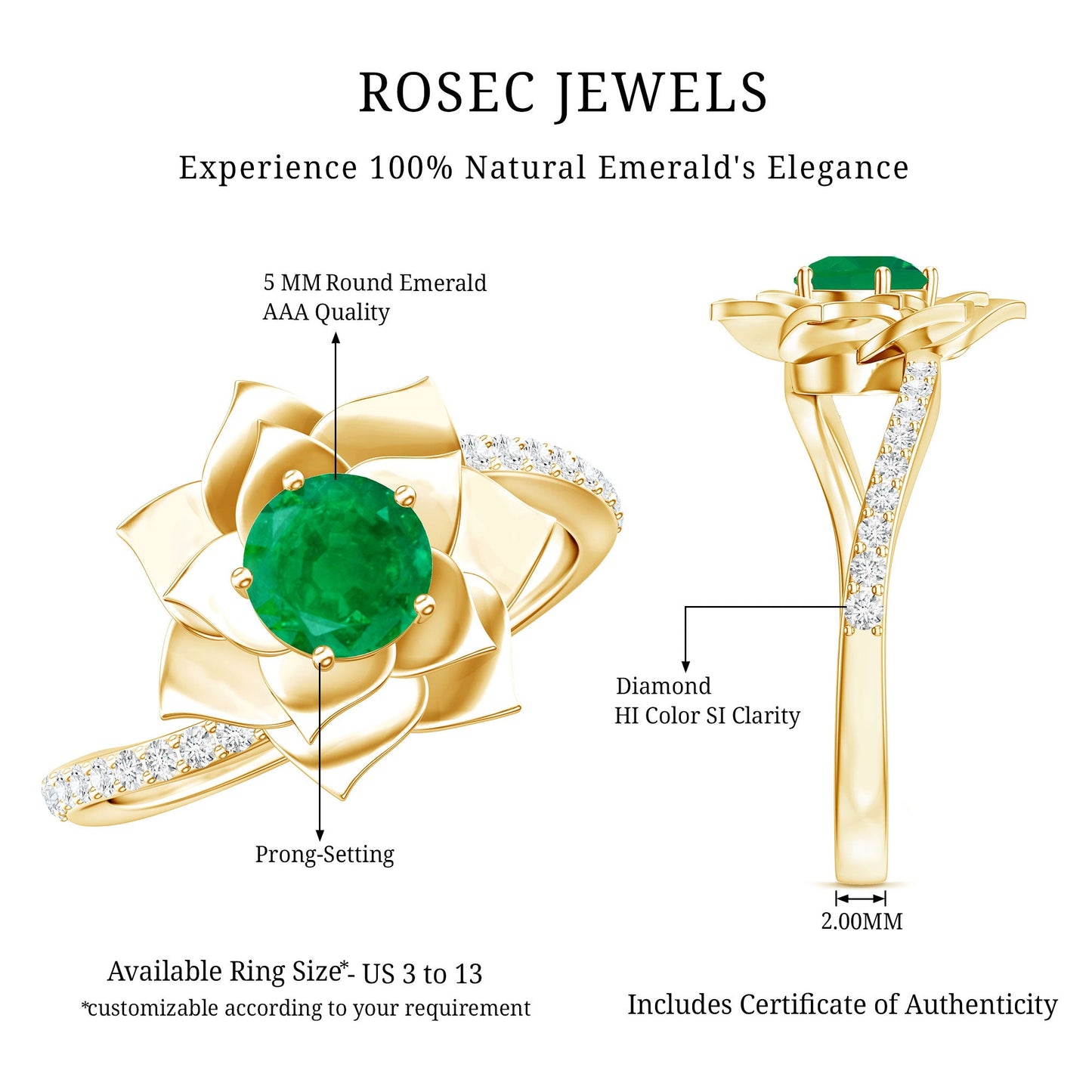 Certified Real Emerald Flower Engagement Ring with Diamond Bypass Shank