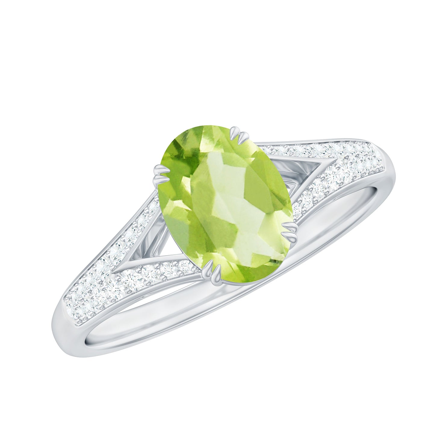 Natural 1 Carat Peridot Oval Engagement Ring with Diamond Split Shank