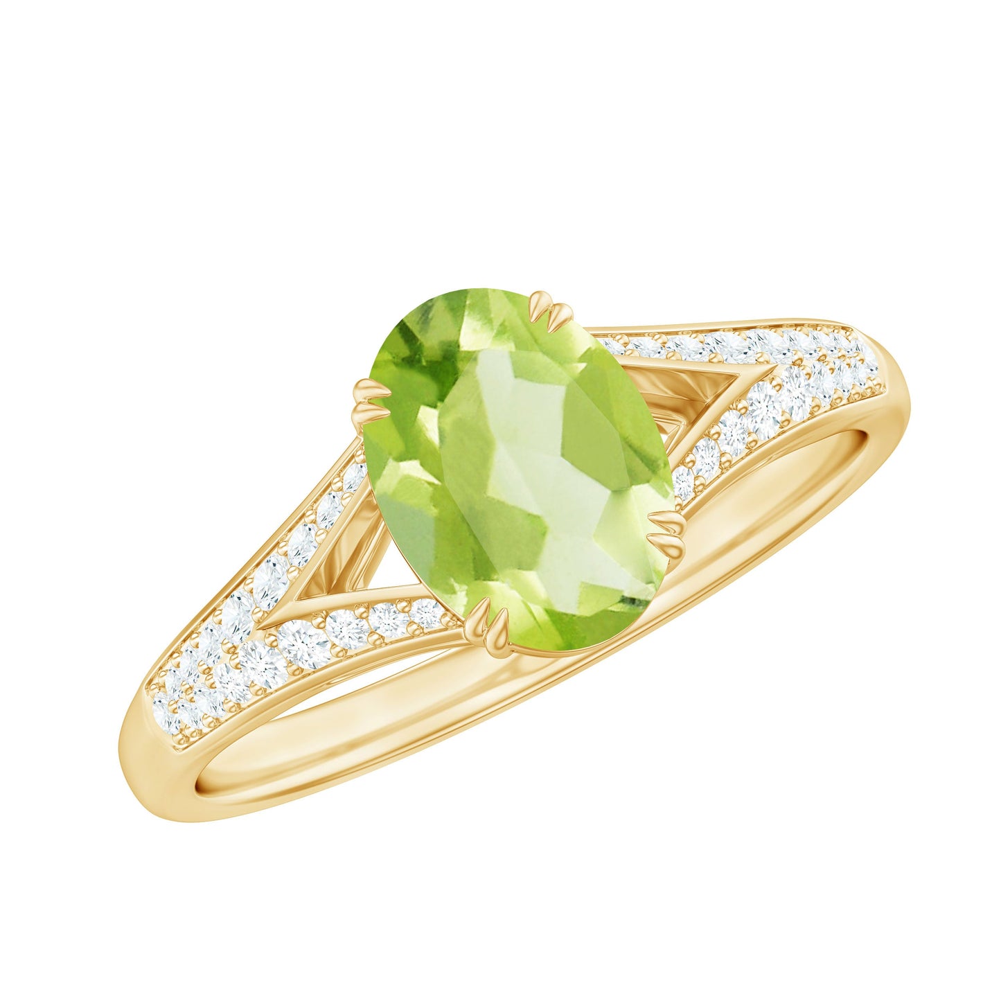 Natural 1 Carat Peridot Oval Engagement Ring with Diamond Split Shank