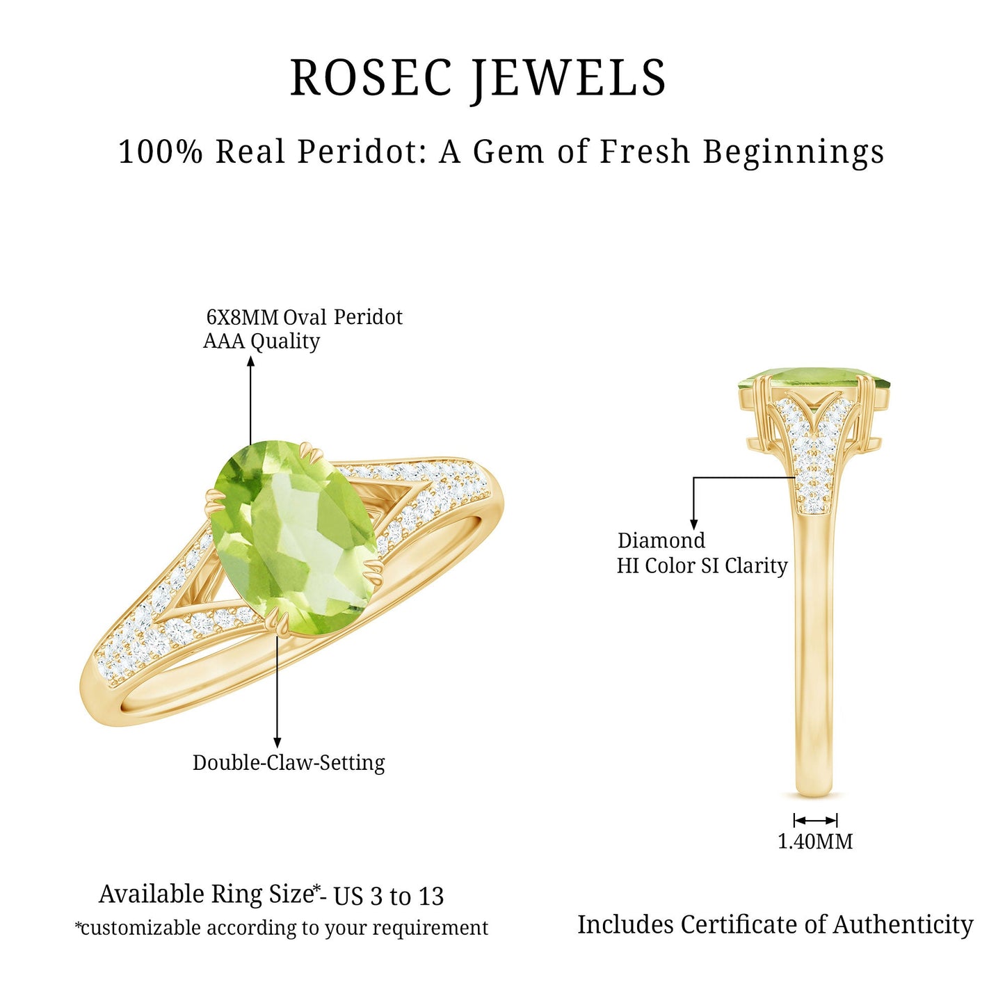 Natural 1 Carat Peridot Oval Engagement Ring with Diamond Split Shank