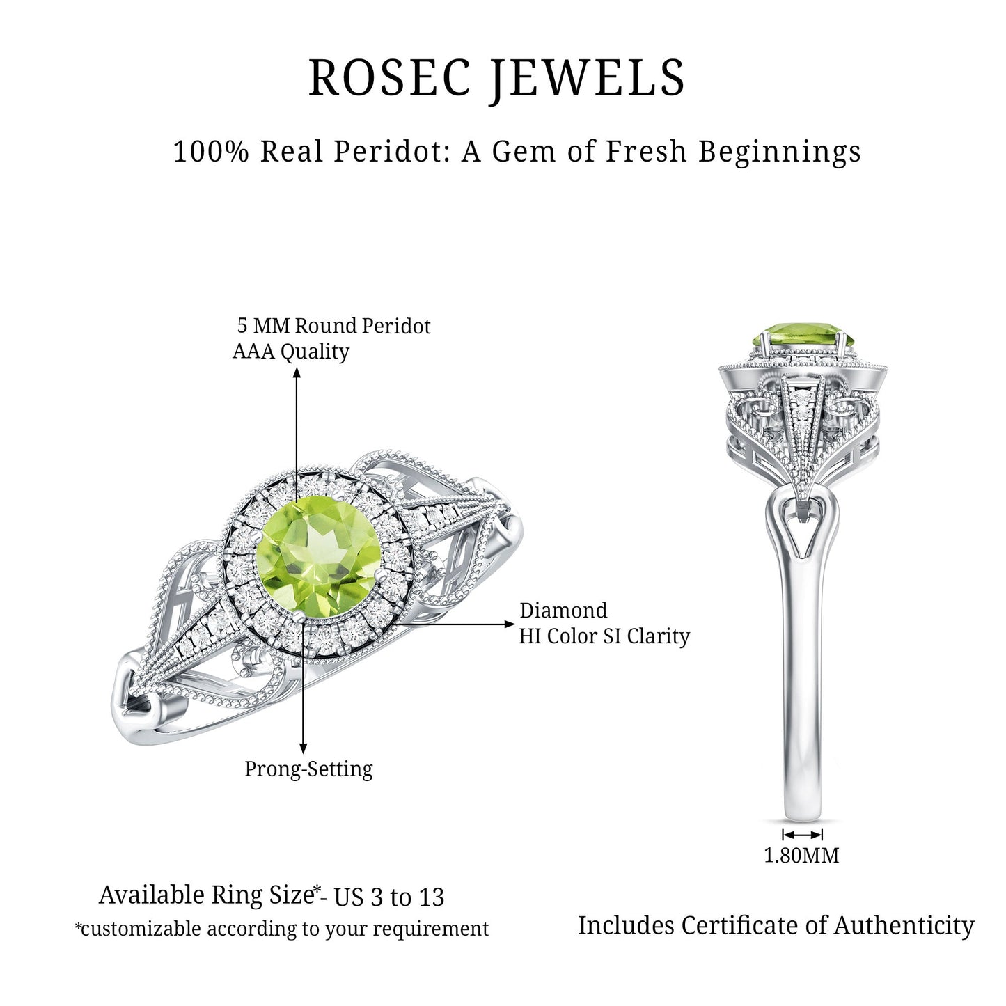 Vintage Inspired 0.5 Carat Peridot Engagement Ring with Diamond Halo