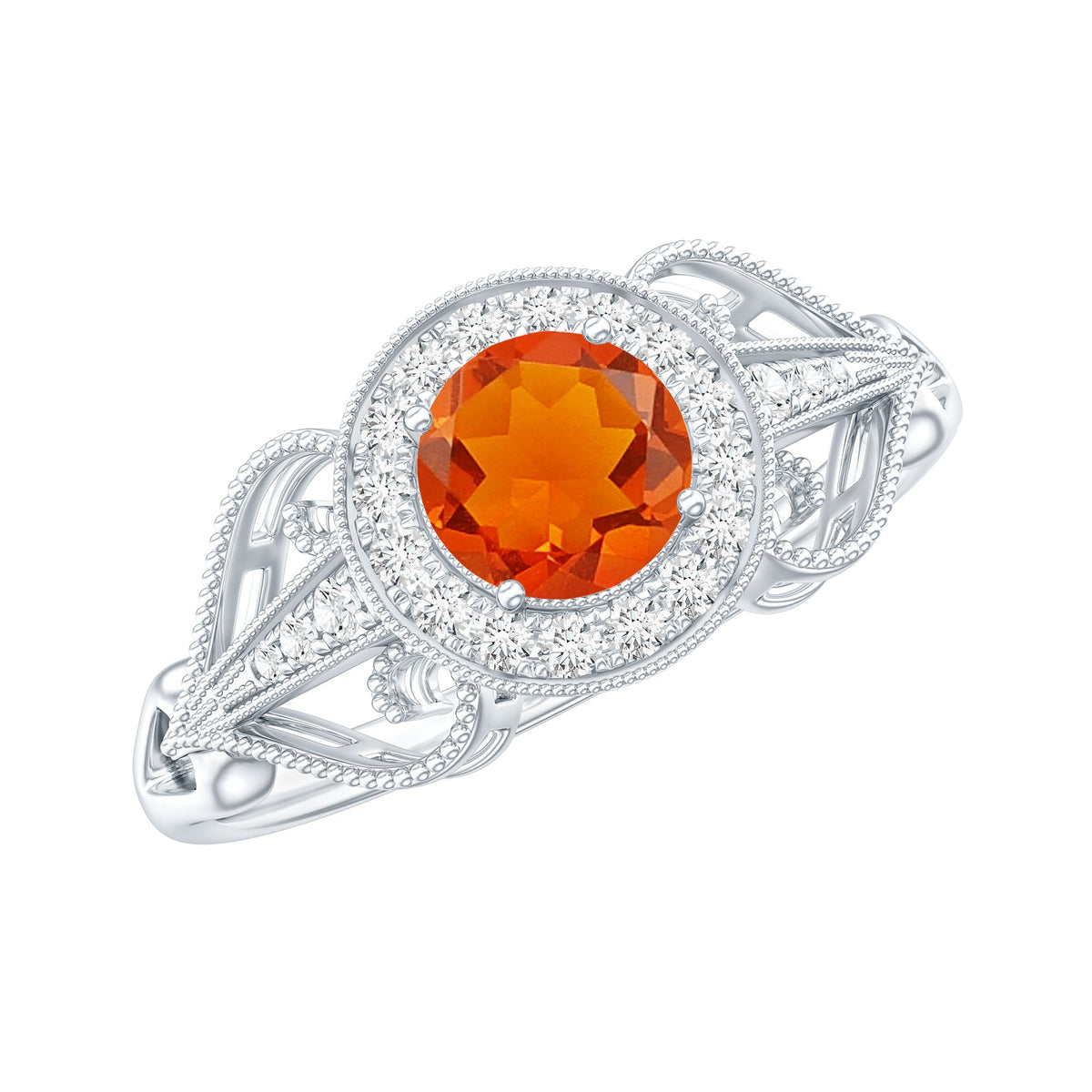 Real 0.45 Carat Fire Opal and Diamond Vintage Inspired Engagement Ring