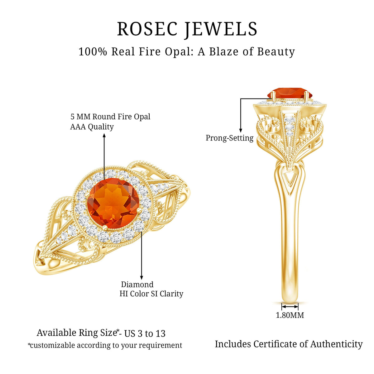 Real 0.45 Carat Fire Opal and Diamond Vintage Inspired Engagement Ring