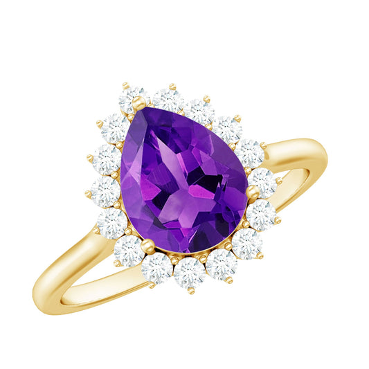 Natural 1 Carat Amethyst Pear Shaped Engagement Ring with Diamond Halo