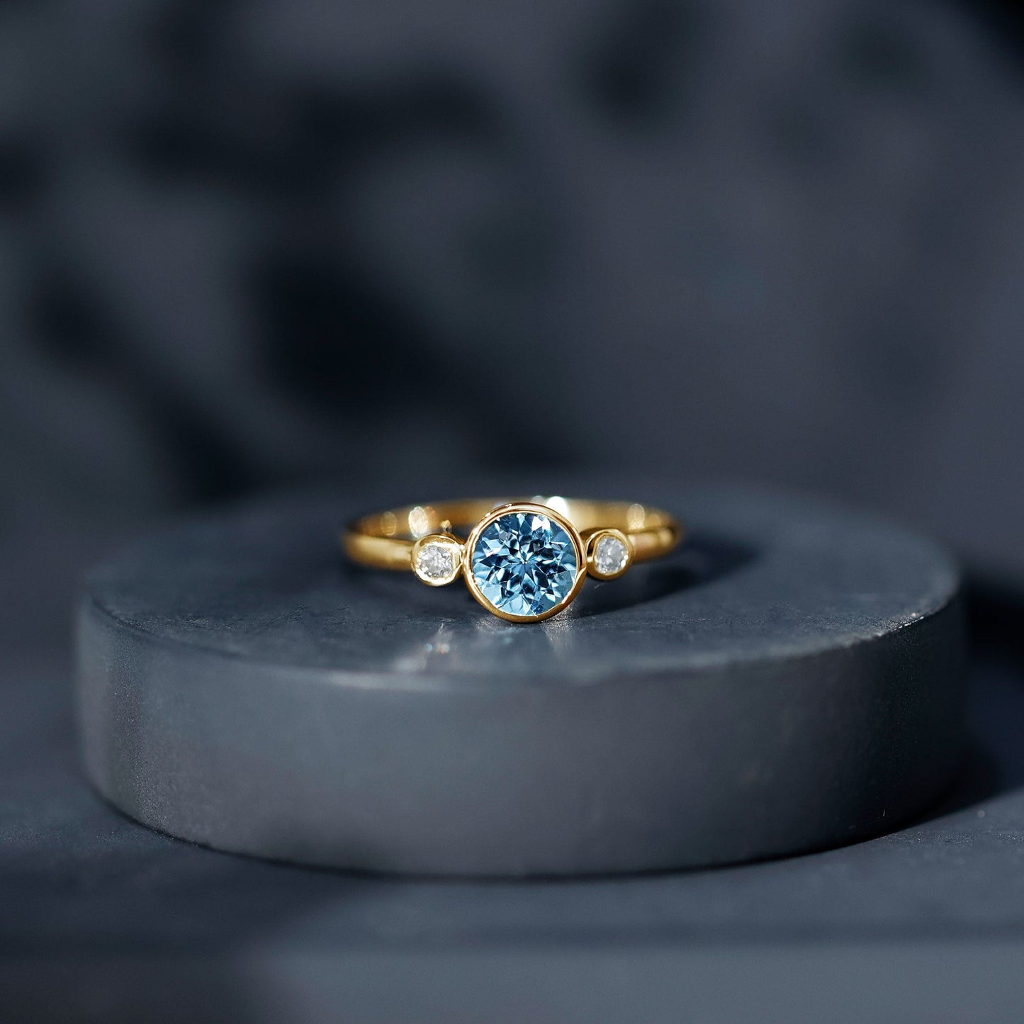 Bezel Set Real Aquamarine Diamond Engagement Ring with Certificate