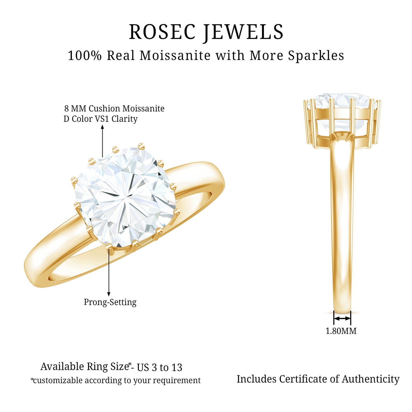 Certified 3 Carat Cushion Cut Moissanite Solitaire Engagement Ring