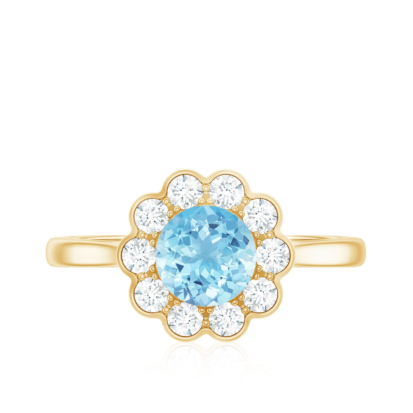Certified 0.8 Carat Real Aquamarine Engagement Ring with Diamond Flower Halo