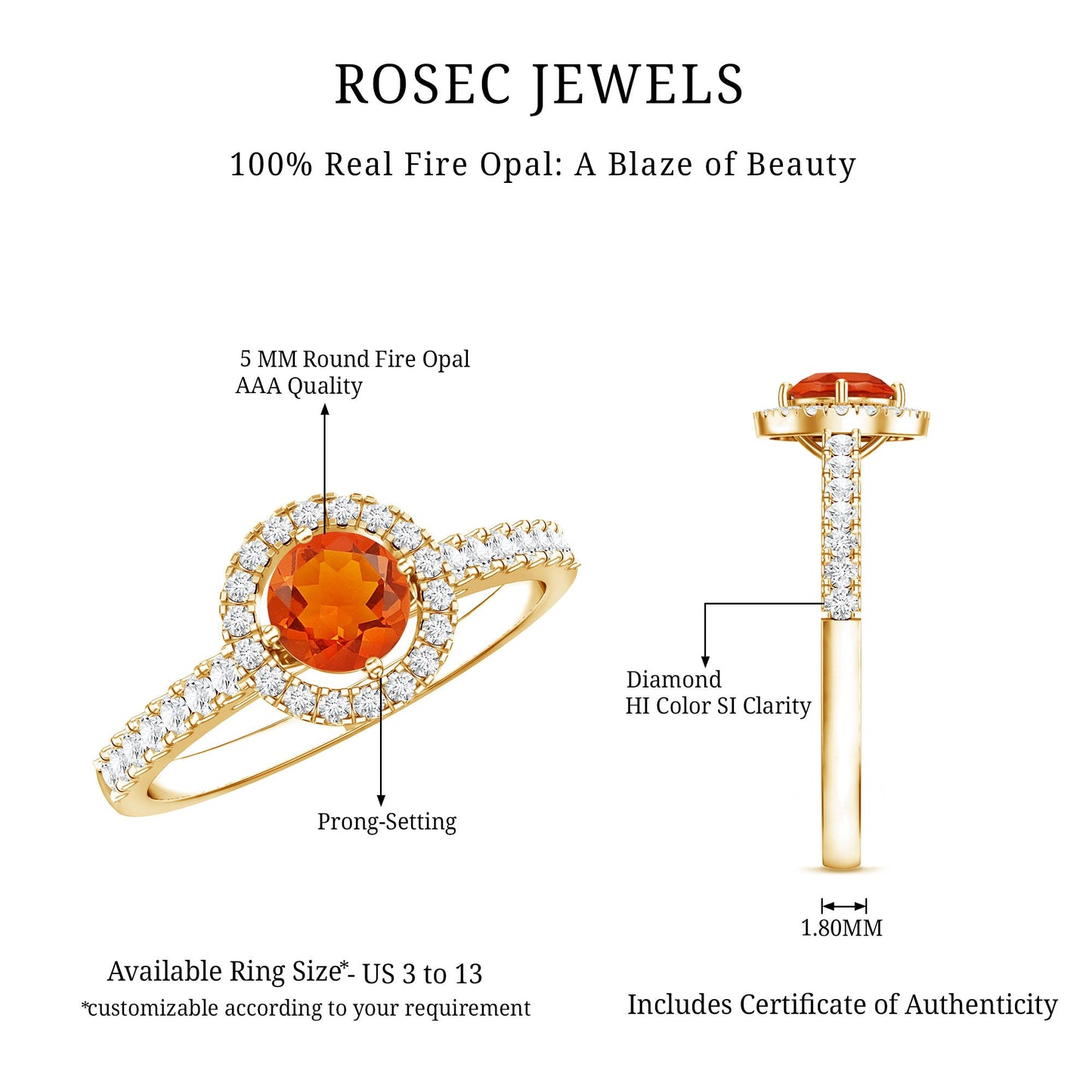 0.45 Carat Real Fire Opal and Diamond Halo Engagement Ring