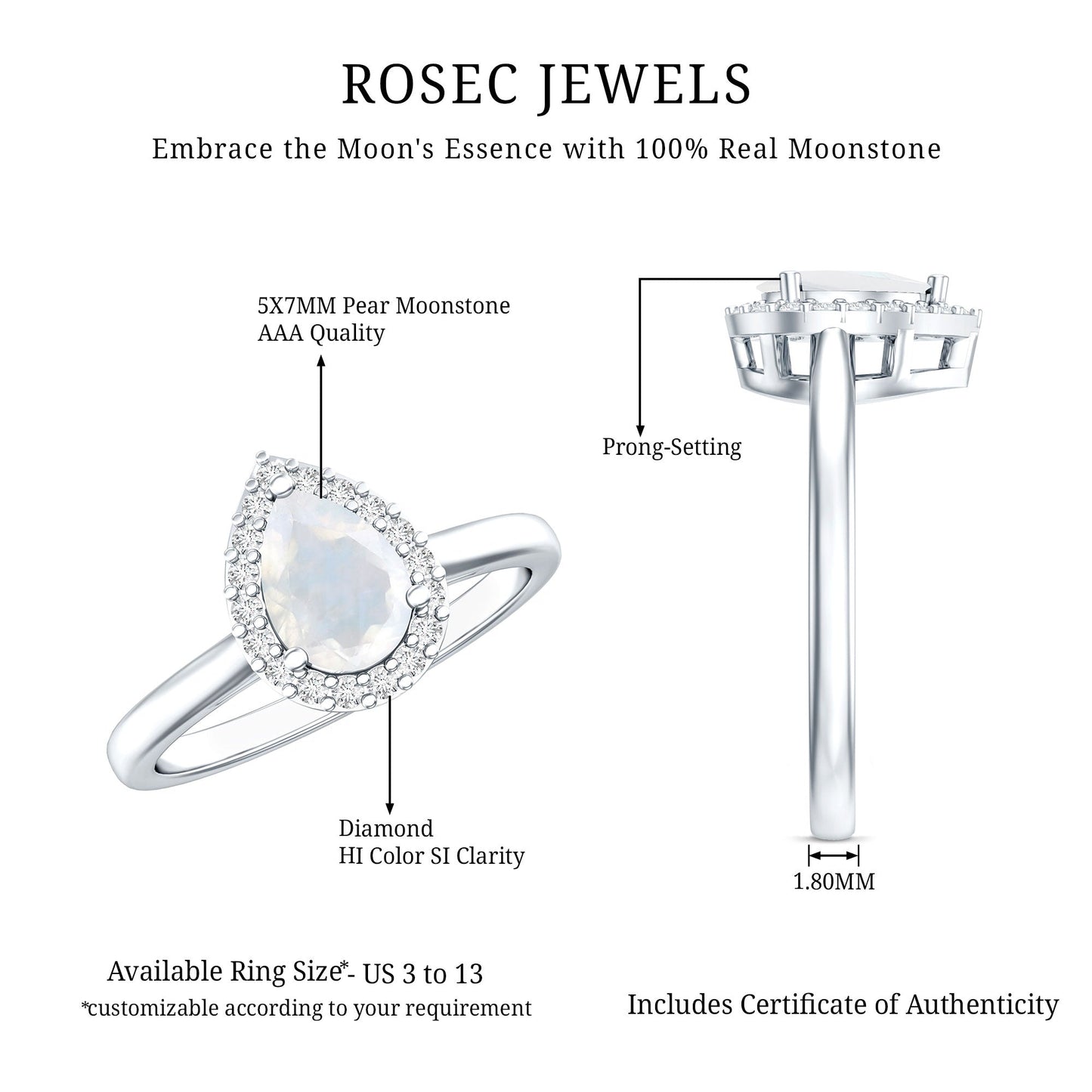 Pear Shaped Moonstone Halo Engagement Ring with Diamond