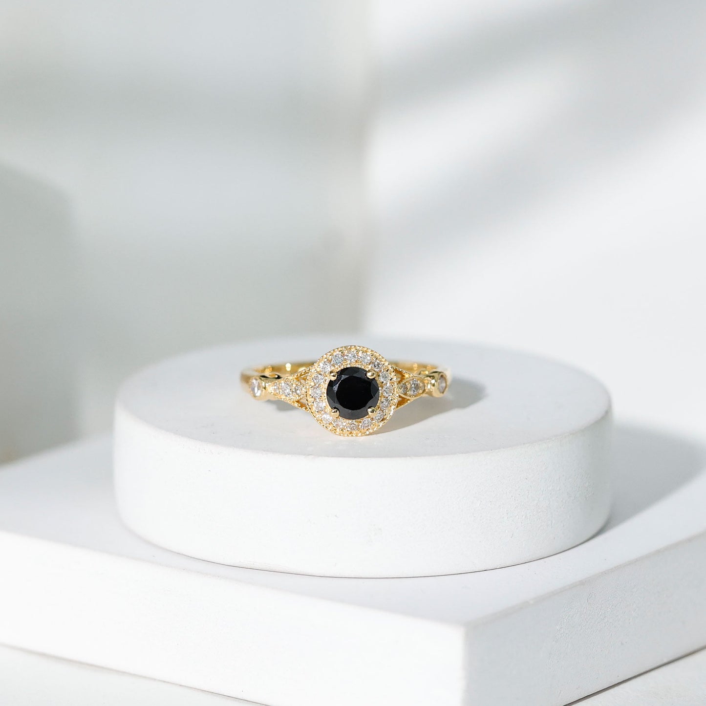Vintage Inspired 0.8 Carat Lab Grown Black and White Diamond Engagement Ring with Halo