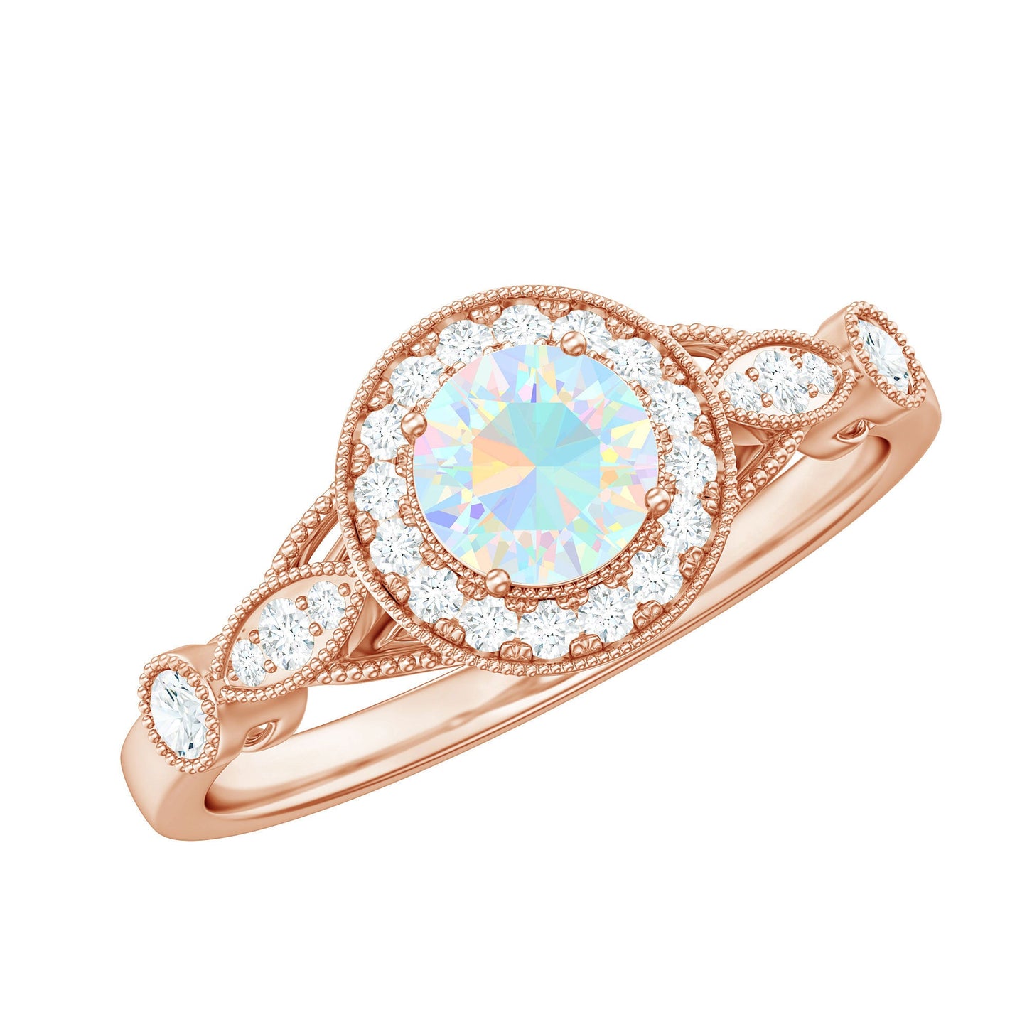 Genuine Ethiopian Opal Antique Looking Engagement Ring with Diamond Halo