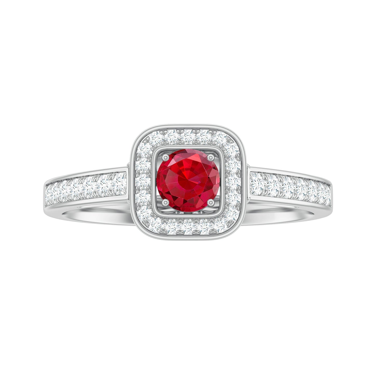 Vintage Style Lab Ruby and Diamond Halo Engagement Ring