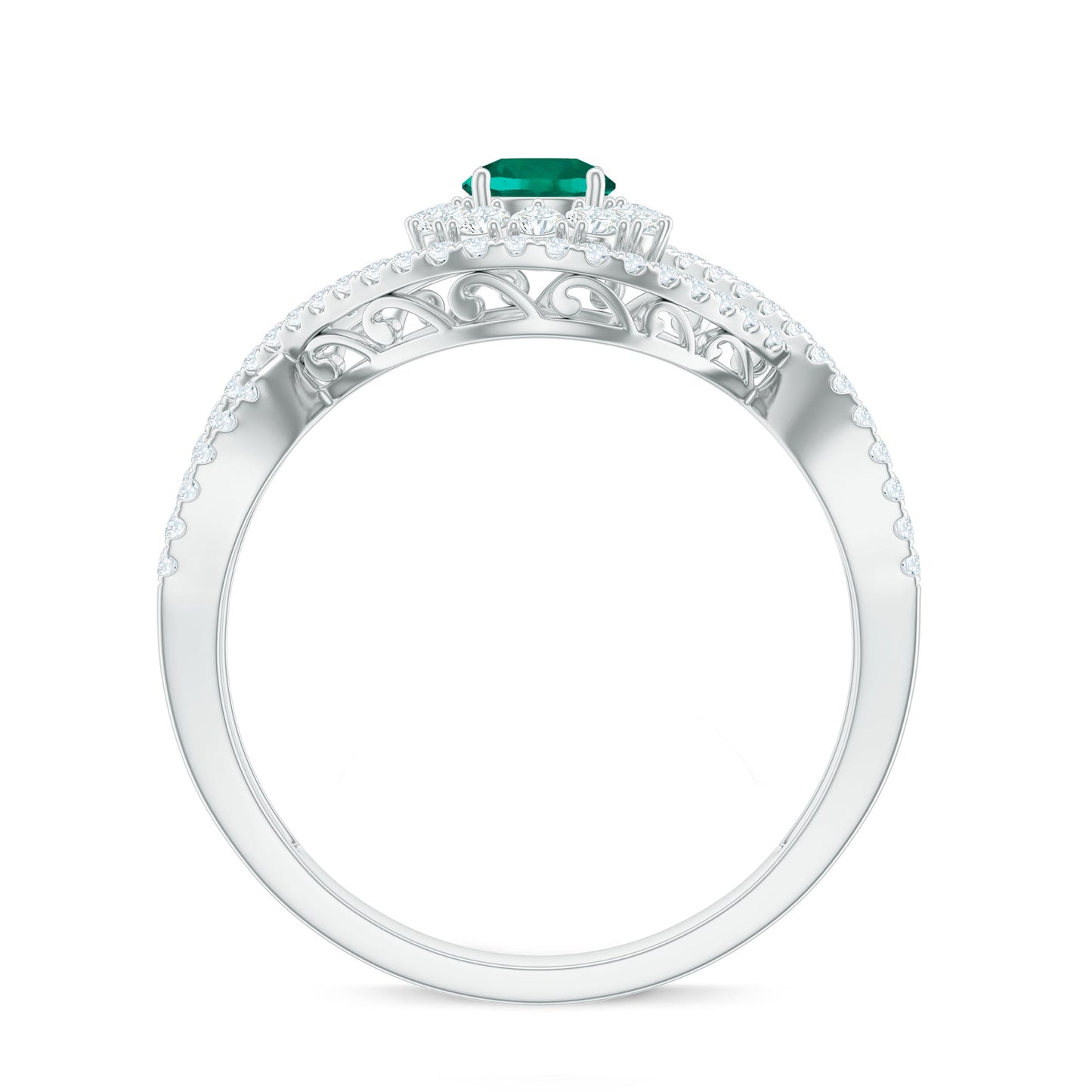 Certified Lab Grown Emerald Diamond Halo Engagement Ring with Crossover Shank